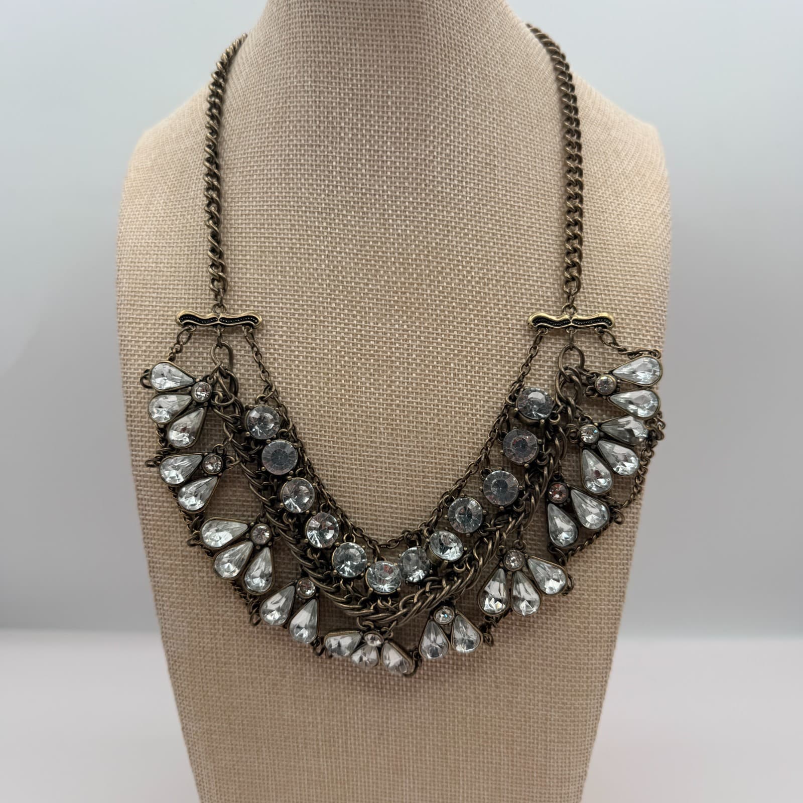 Vintage Y2K Brass Tone Multi Strand Rhinestone Teardrop Bib Necklace Jewelry - Thumbnail 2