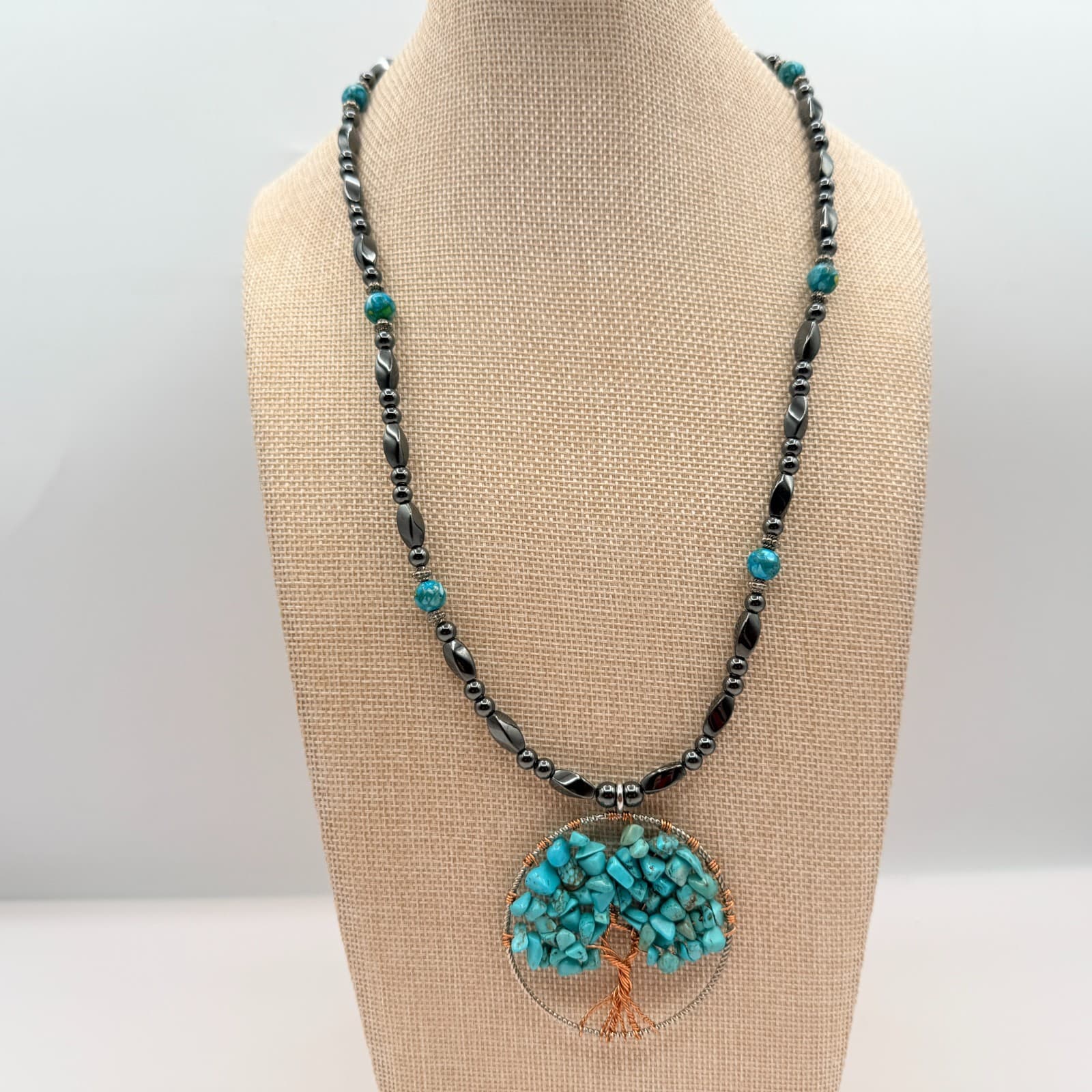 Vintage Y2K Tree of Life Wire Wrapped Turquoise Beaded Pendent Necklace Jewelry - Thumbnail 5