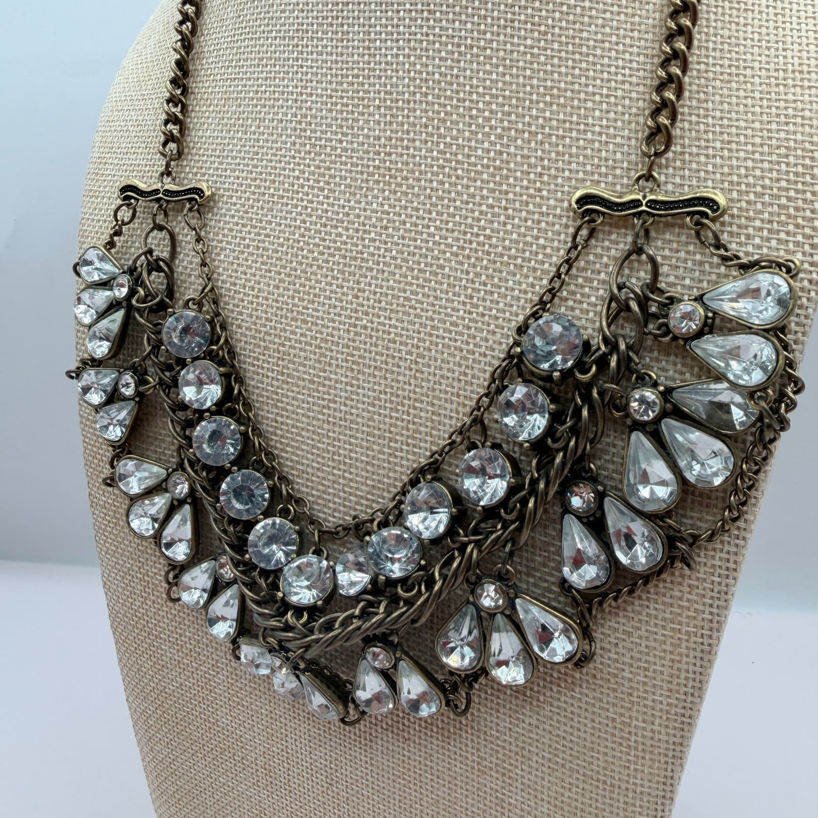 Vintage Y2K Brass Tone Multi Strand Rhinestone Teardrop Bib Necklace Jewelry - Thumbnail 7