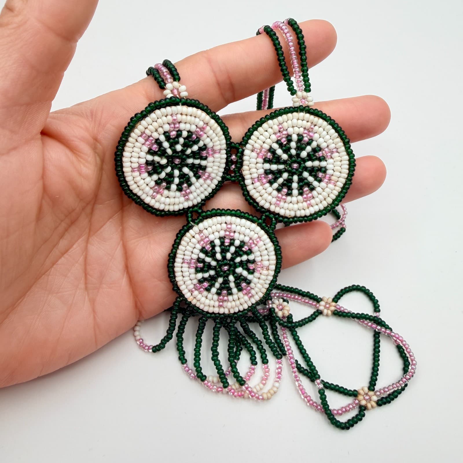 Vintage Y2K Handmade Seed Bead Medallion Statement Necklace Fringe Boho Jewelry - Thumbnail 4