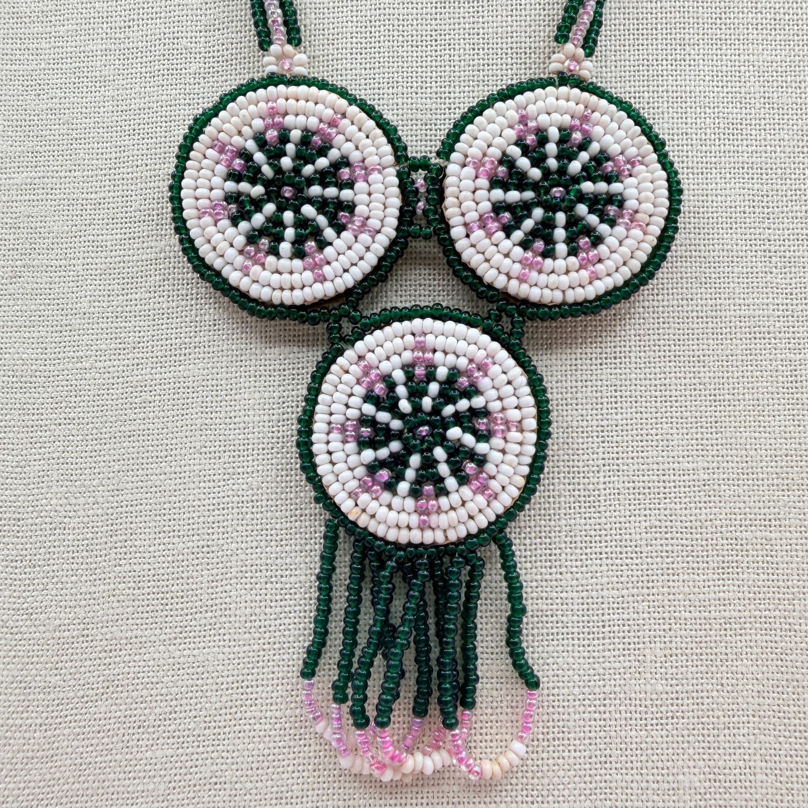 Vintage Y2K Handmade Seed Bead Medallion Statement Necklace Fringe Boho Jewelry - Thumbnail 9