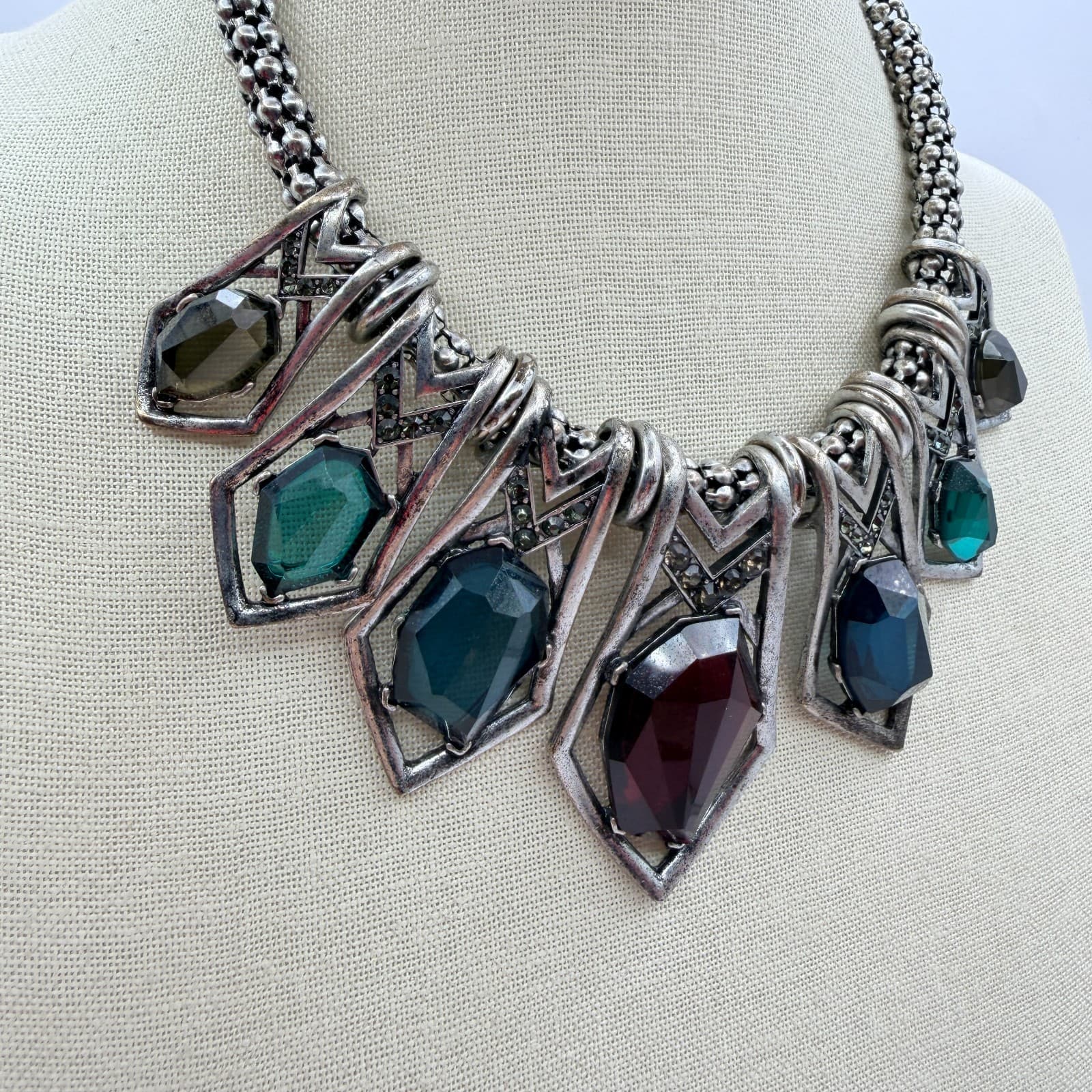 Vintage Y2K Boho Silver Tone Geometric Statement Necklace Antiqued Mixed Jewelry - Thumbnail 6