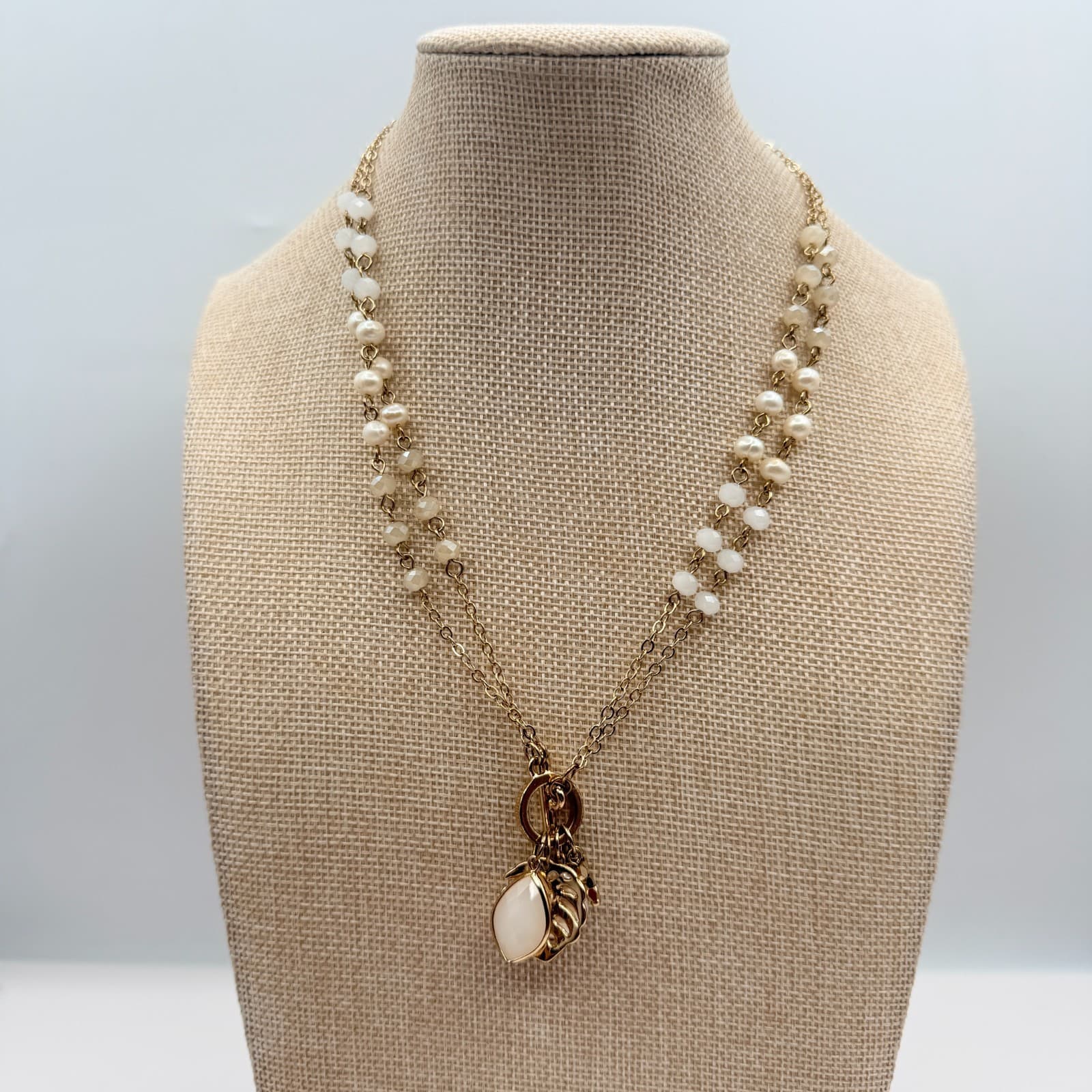 Vintage Y2K Gold Tone Double Chain Necklace Pearl Munster Leaf Stone Jewelry - Thumbnail 10