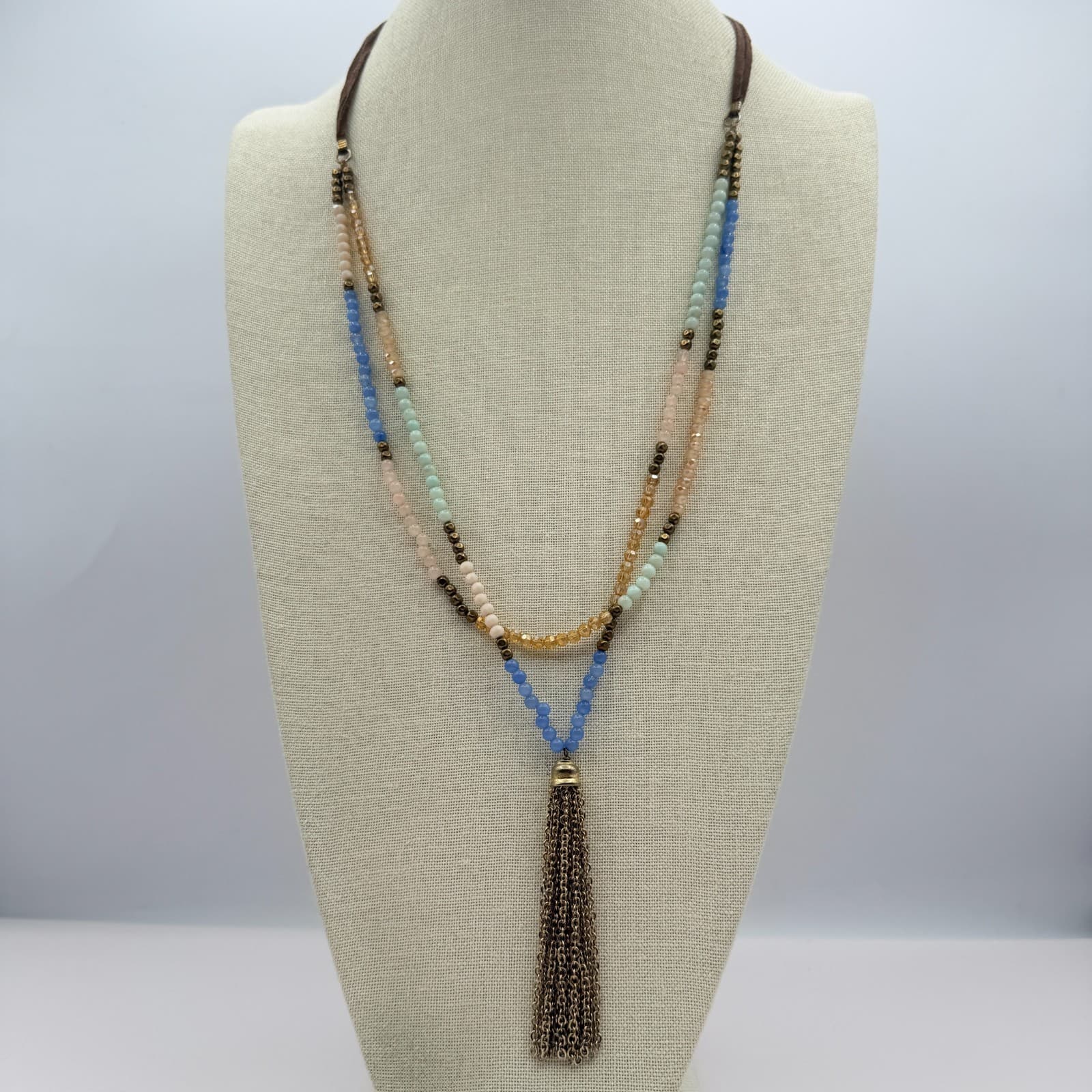 Vintage Y2K Boho Multi Strand Pastel Beaded Tassel Necklace Brown Cord Jewelry - Image 1