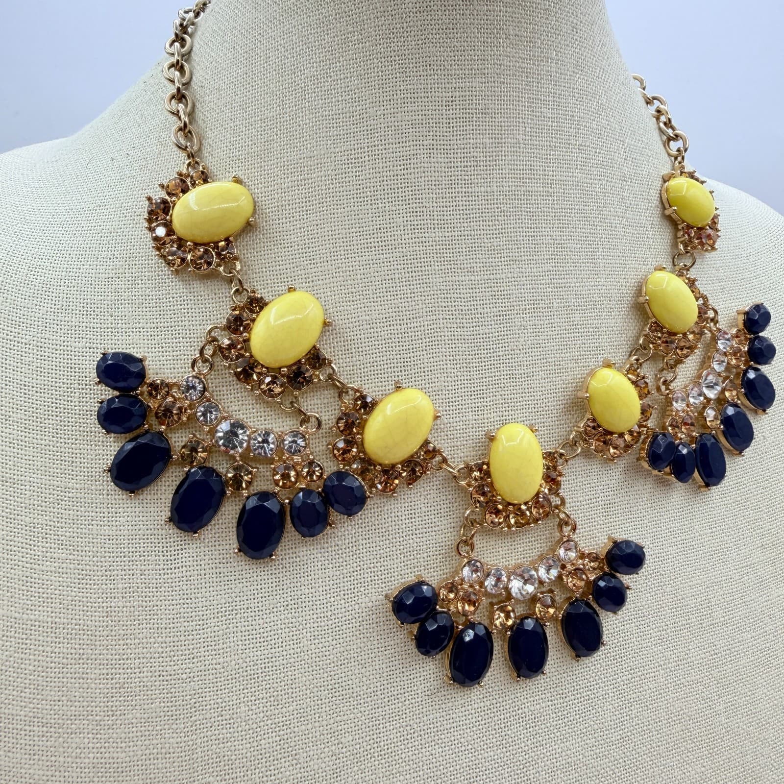 Vintage Y2K Gold Tone Statement Necklace Bold Yellow Navy Blue Cabochons Jewelry - Thumbnail 10