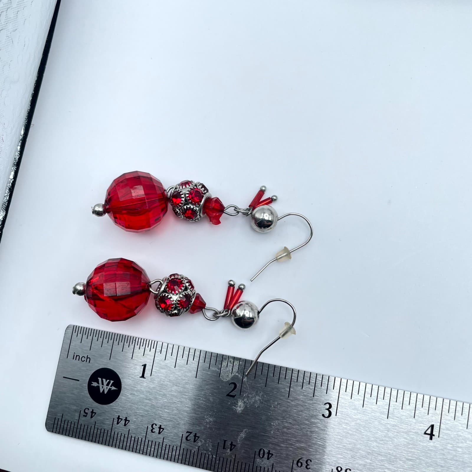 Handcrafted Silver-Tone Red Faceted Crystal Beads Dangle French Hook Earrings - Thumbnail 2
