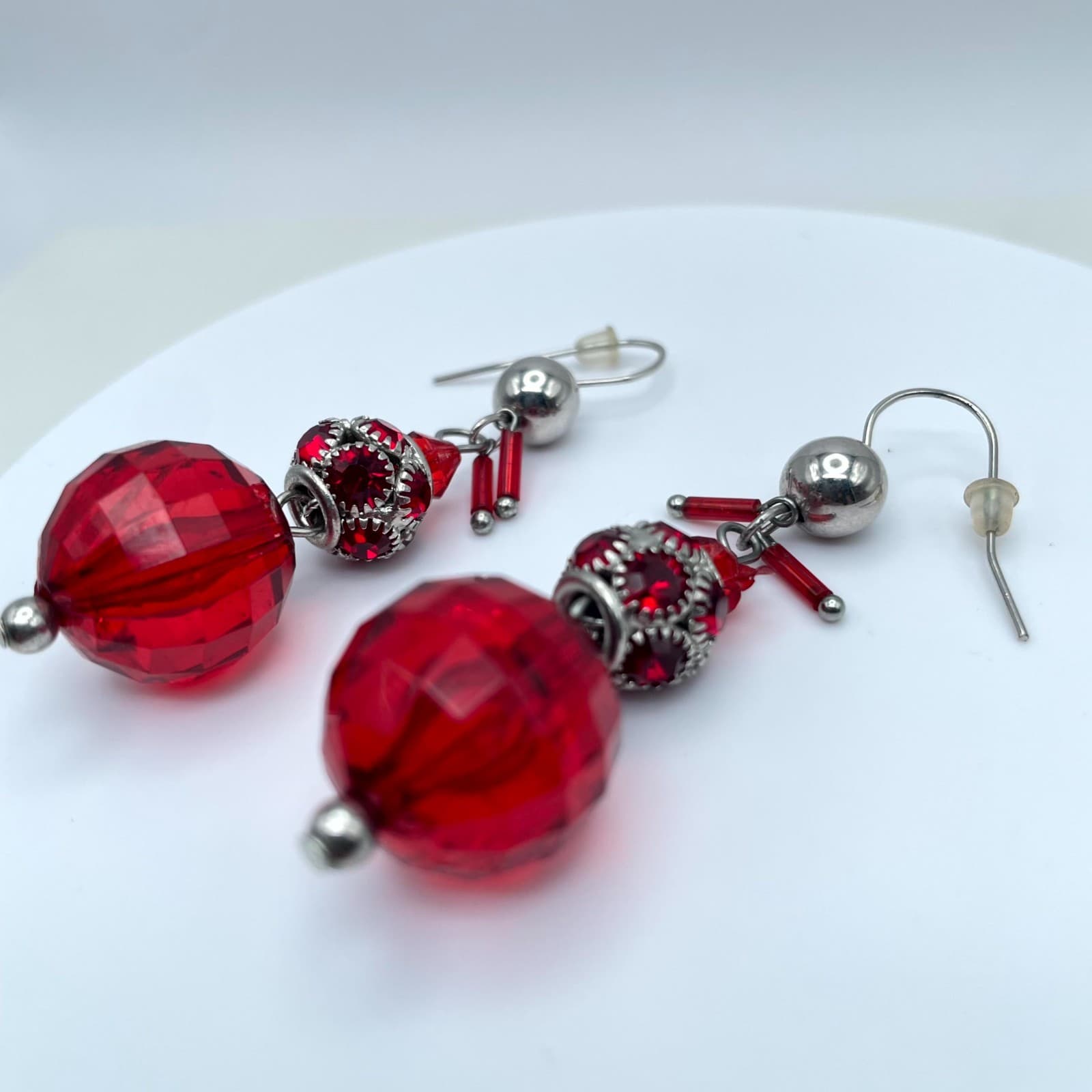Handcrafted Silver-Tone Red Faceted Crystal Beads Dangle French Hook Earrings - Thumbnail 3
