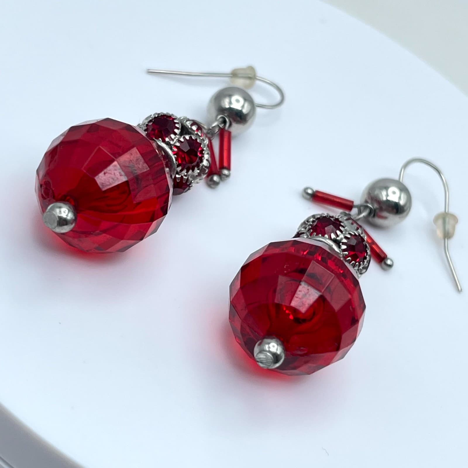 Handcrafted Silver-Tone Red Faceted Crystal Beads Dangle French Hook Earrings - Thumbnail 7