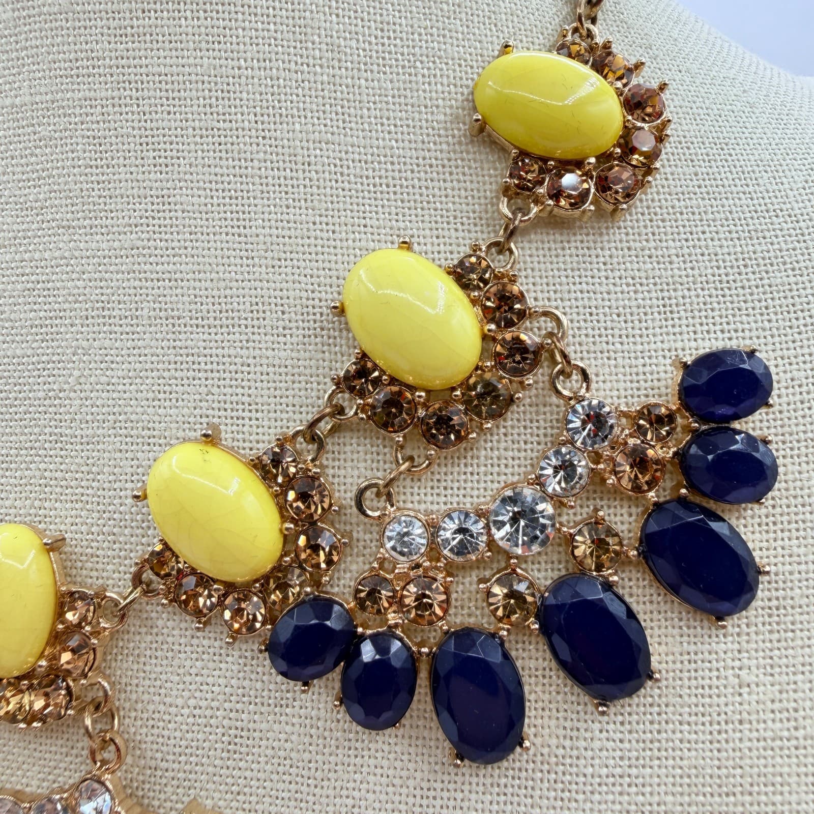 Vintage Y2K Gold Tone Statement Necklace Bold Yellow Navy Blue Cabochons Jewelry - Thumbnail 4