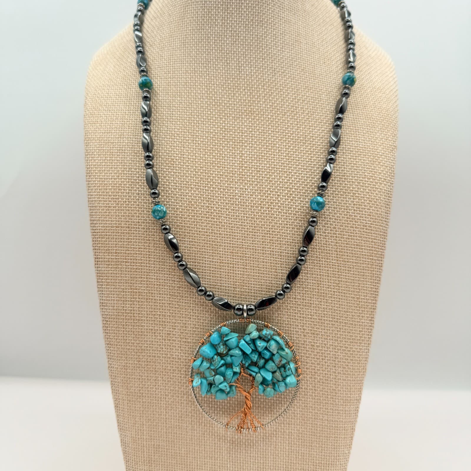 Vintage Y2K Tree of Life Wire Wrapped Turquoise Beaded Pendent Necklace Jewelry - Thumbnail 3