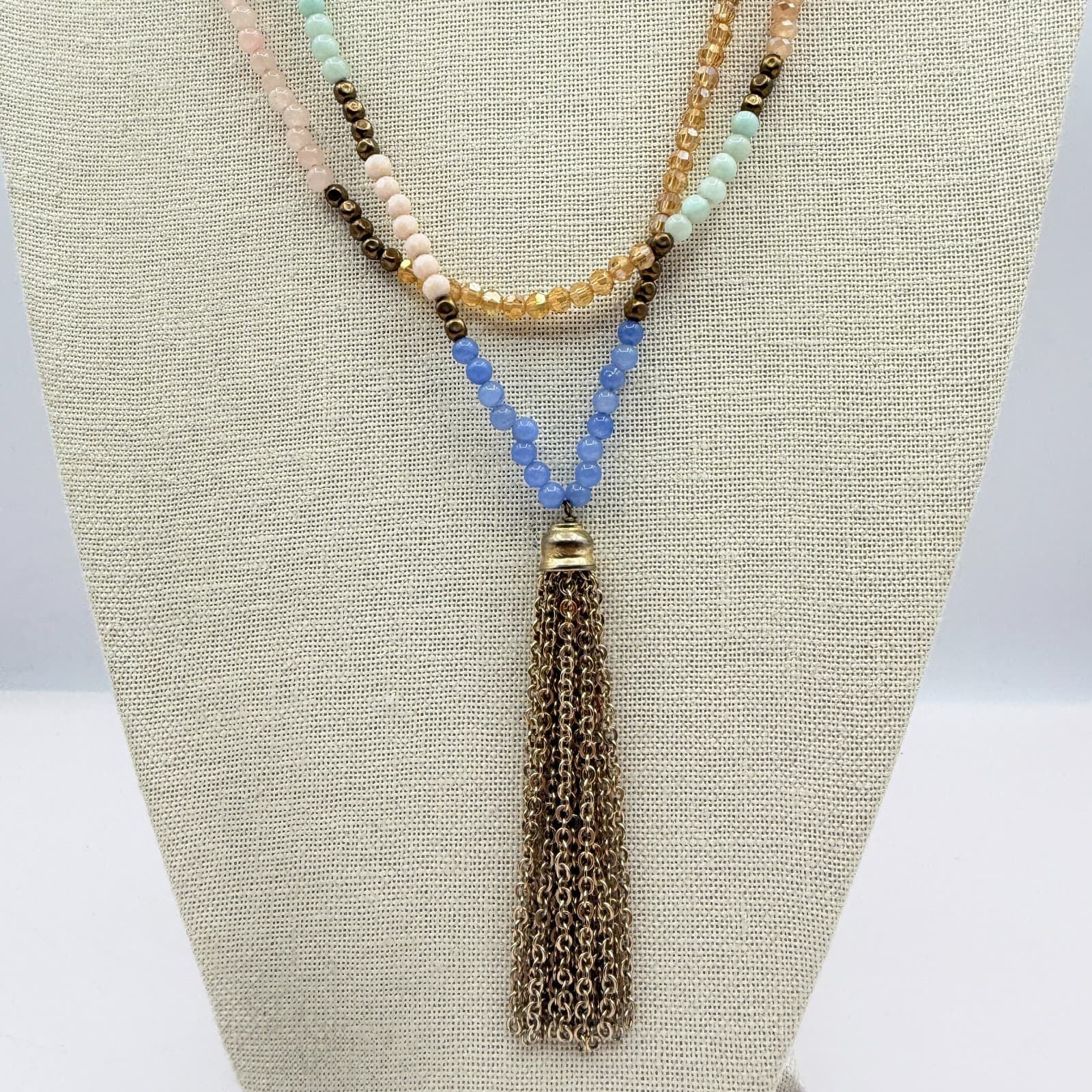 Vintage Y2K Boho Multi Strand Pastel Beaded Tassel Necklace Brown Cord Jewelry - Thumbnail 9