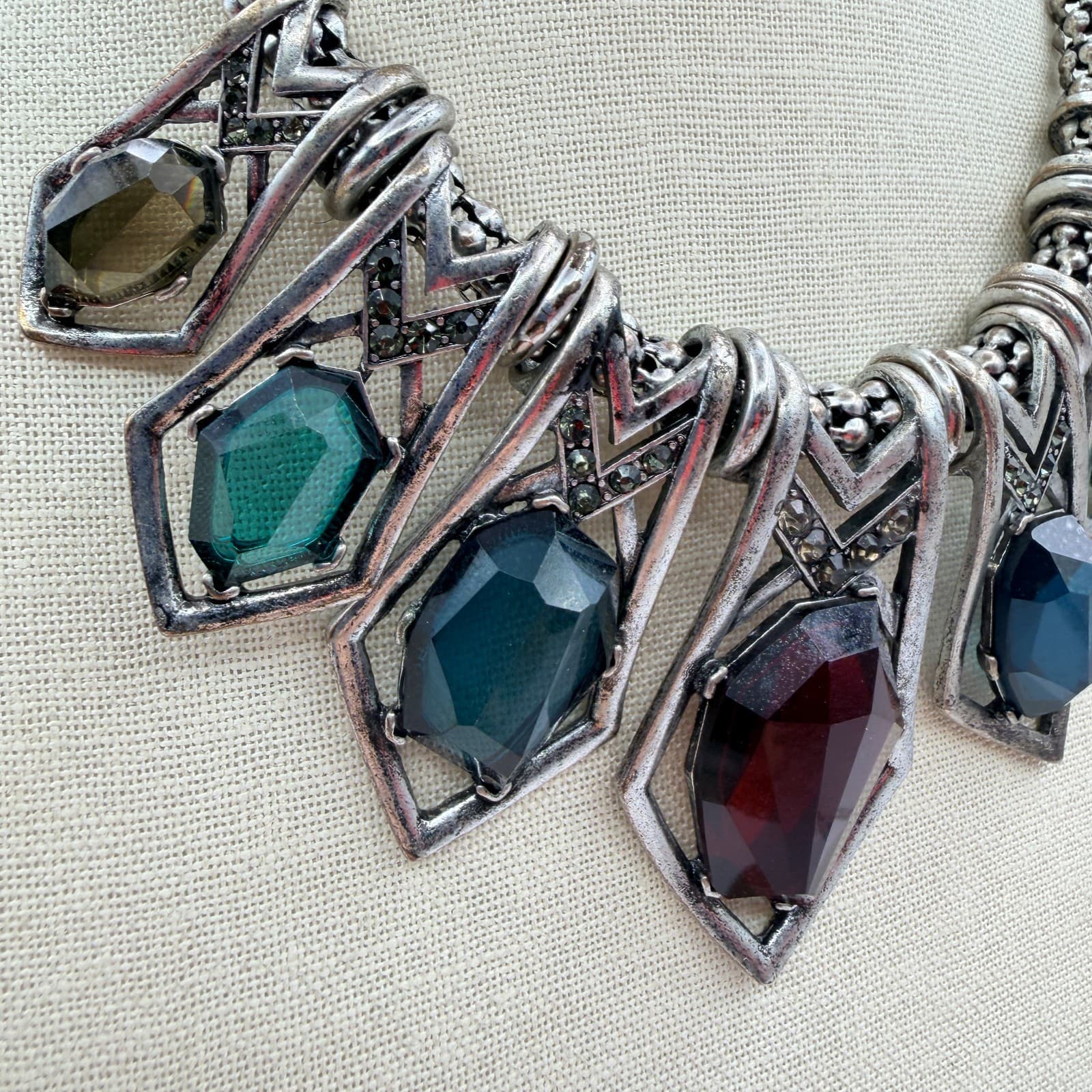 Vintage Y2K Boho Silver Tone Geometric Statement Necklace Antiqued Mixed Jewelry - Thumbnail 8