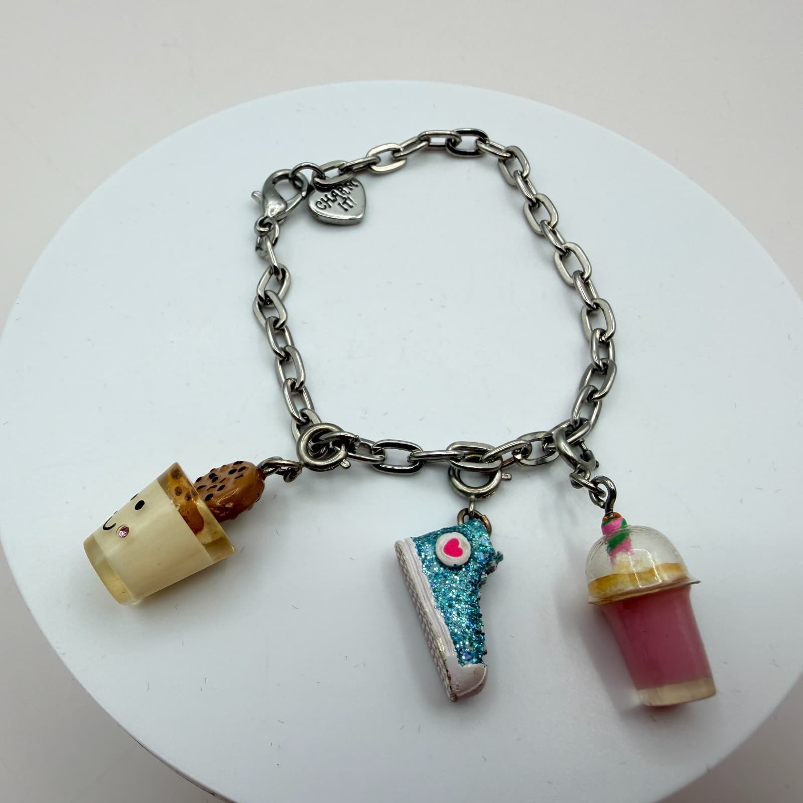 Vintage Y2K Silver Tone Charm It Link Bracelet Food Sneaker Shoe Charms Jewelry - Thumbnail 7