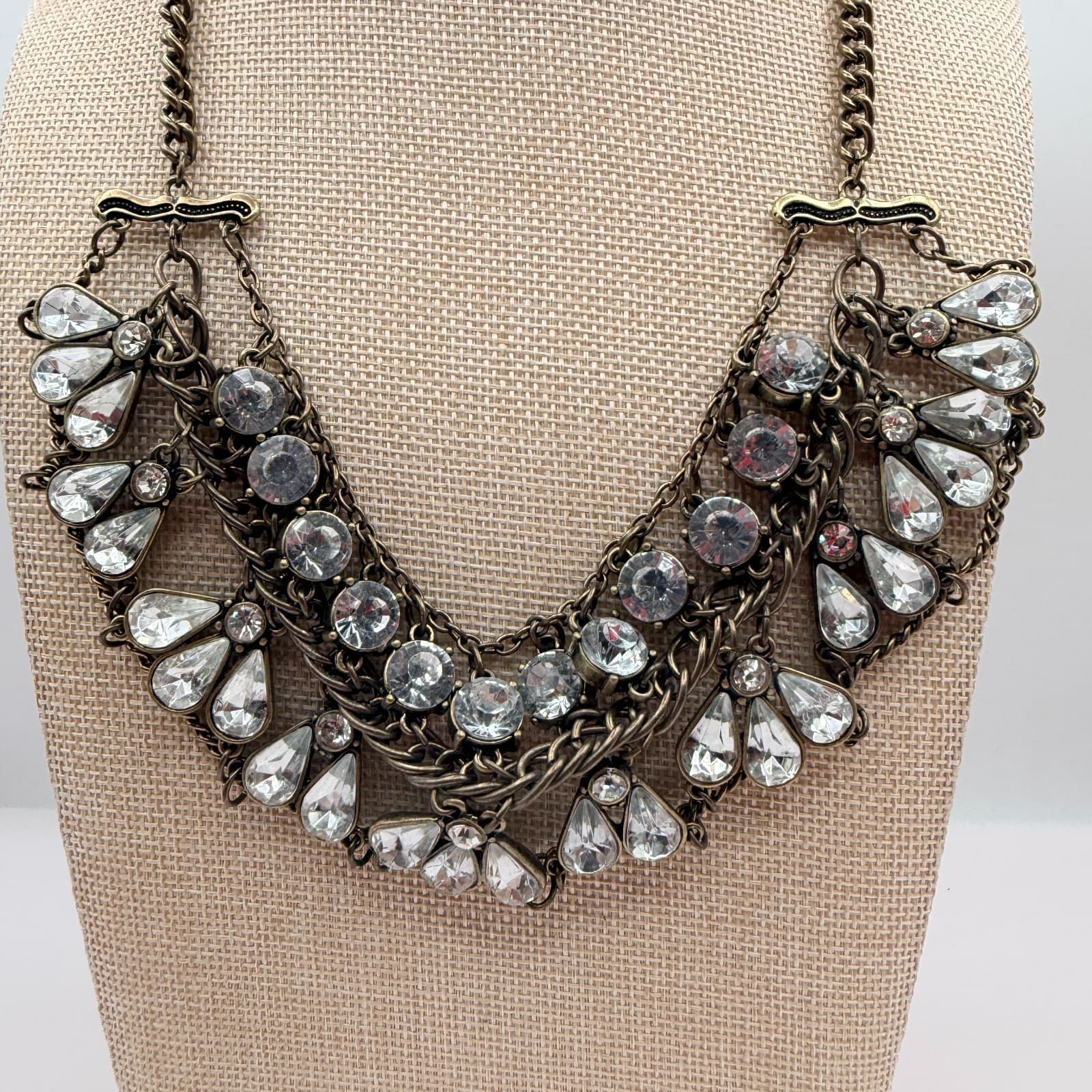 Vintage Y2K Brass Tone Multi Strand Rhinestone Teardrop Bib Necklace Jewelry - Thumbnail 3
