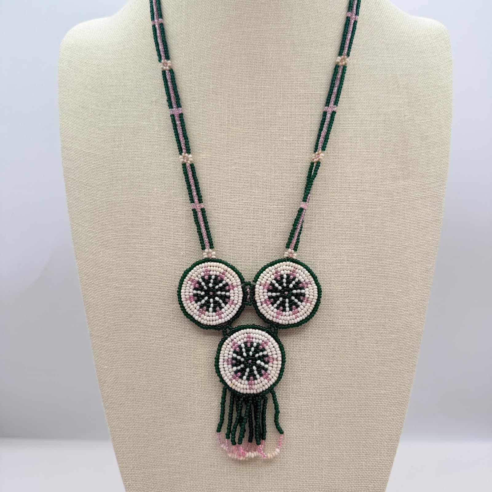 Vintage Y2K Handmade Seed Bead Medallion Statement Necklace Fringe Boho Jewelry - Thumbnail 2