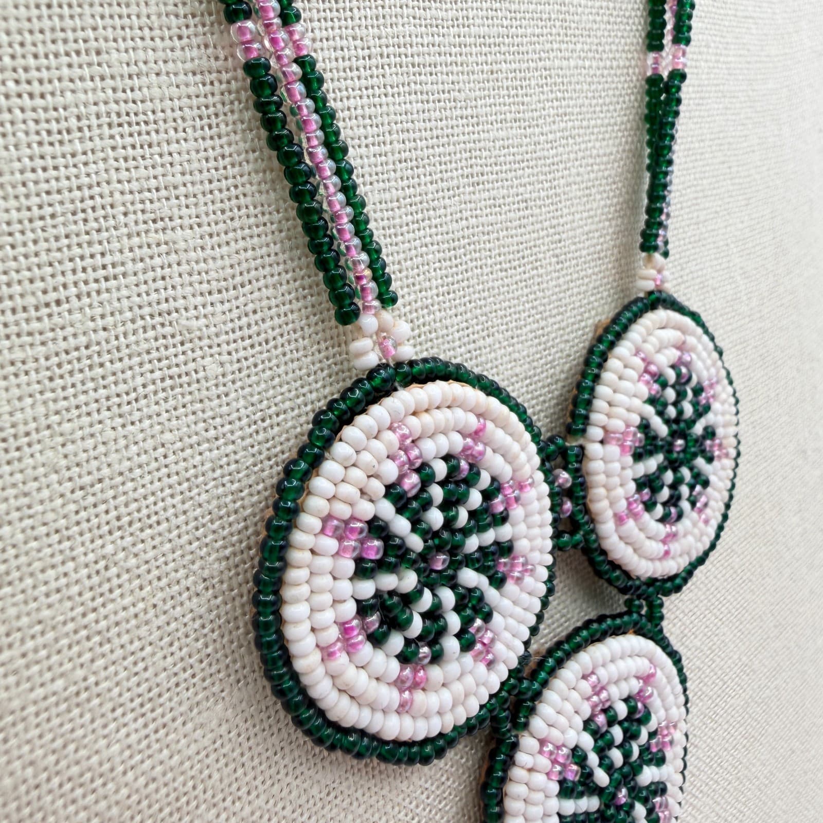 Vintage Y2K Handmade Seed Bead Medallion Statement Necklace Fringe Boho Jewelry - Thumbnail 5