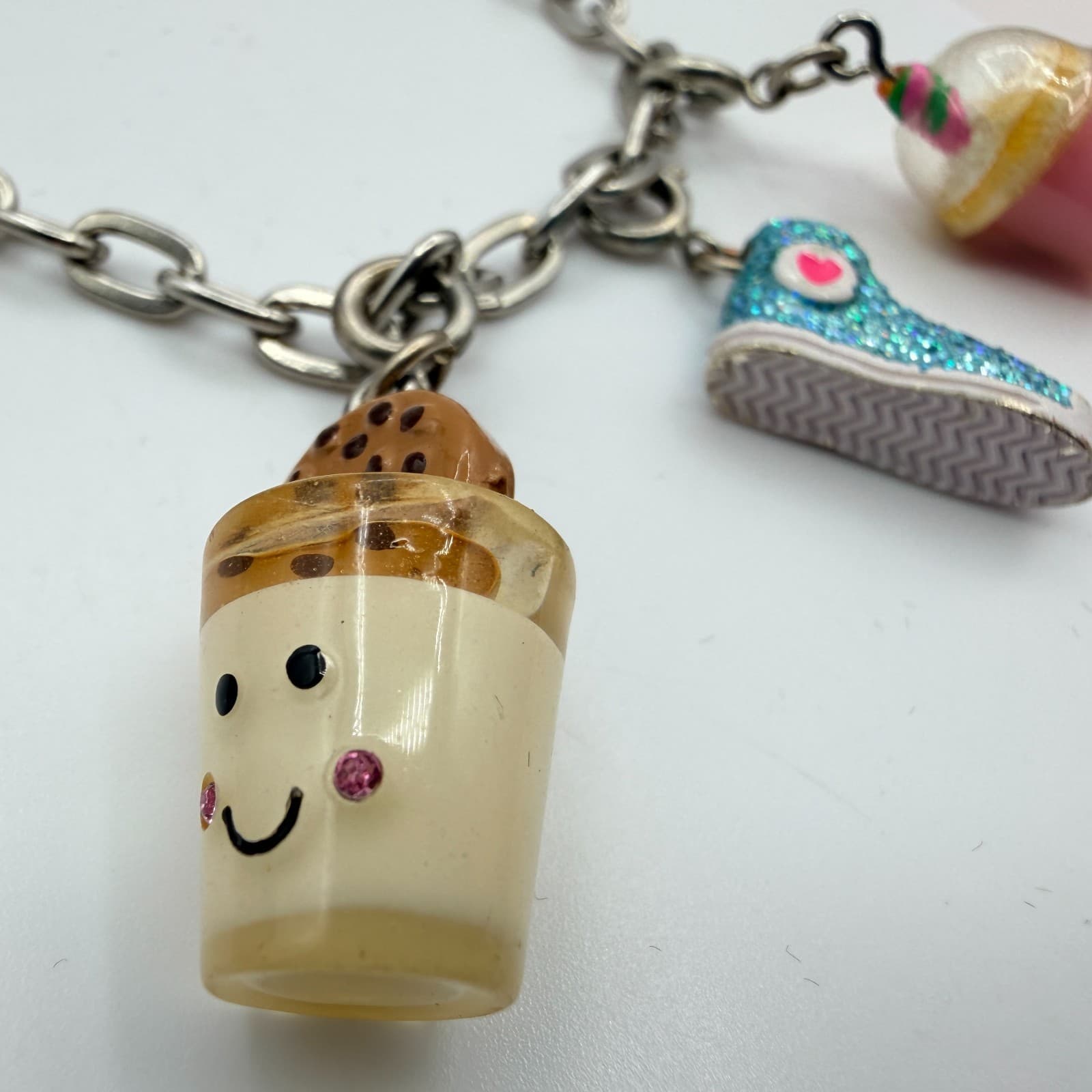 Vintage Y2K Silver Tone Charm It Link Bracelet Food Sneaker Shoe Charms Jewelry - Thumbnail 3