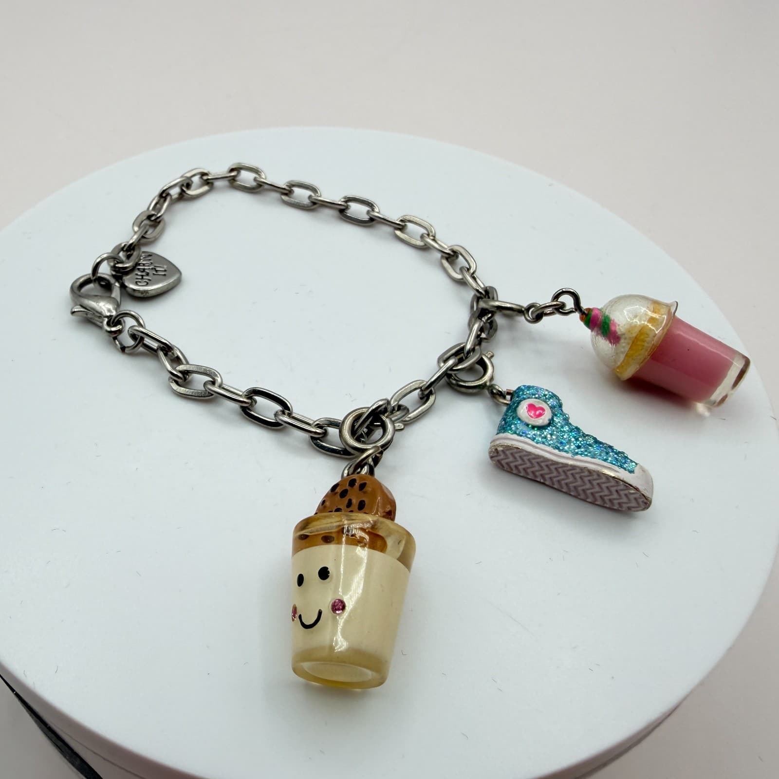 Vintage Y2K Silver Tone Charm It Link Bracelet Food Sneaker Shoe Charms Jewelry - Thumbnail 5