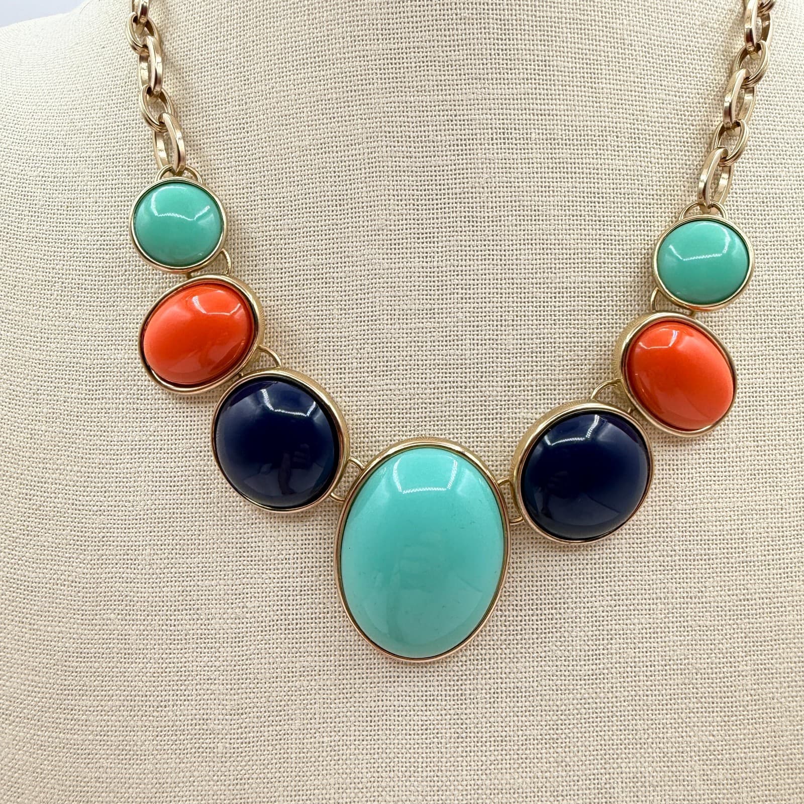 Vintage Y2K Gold Tone Statement Necklace Aqua Orange Navy Cabochons Jewelry - Thumbnail 10