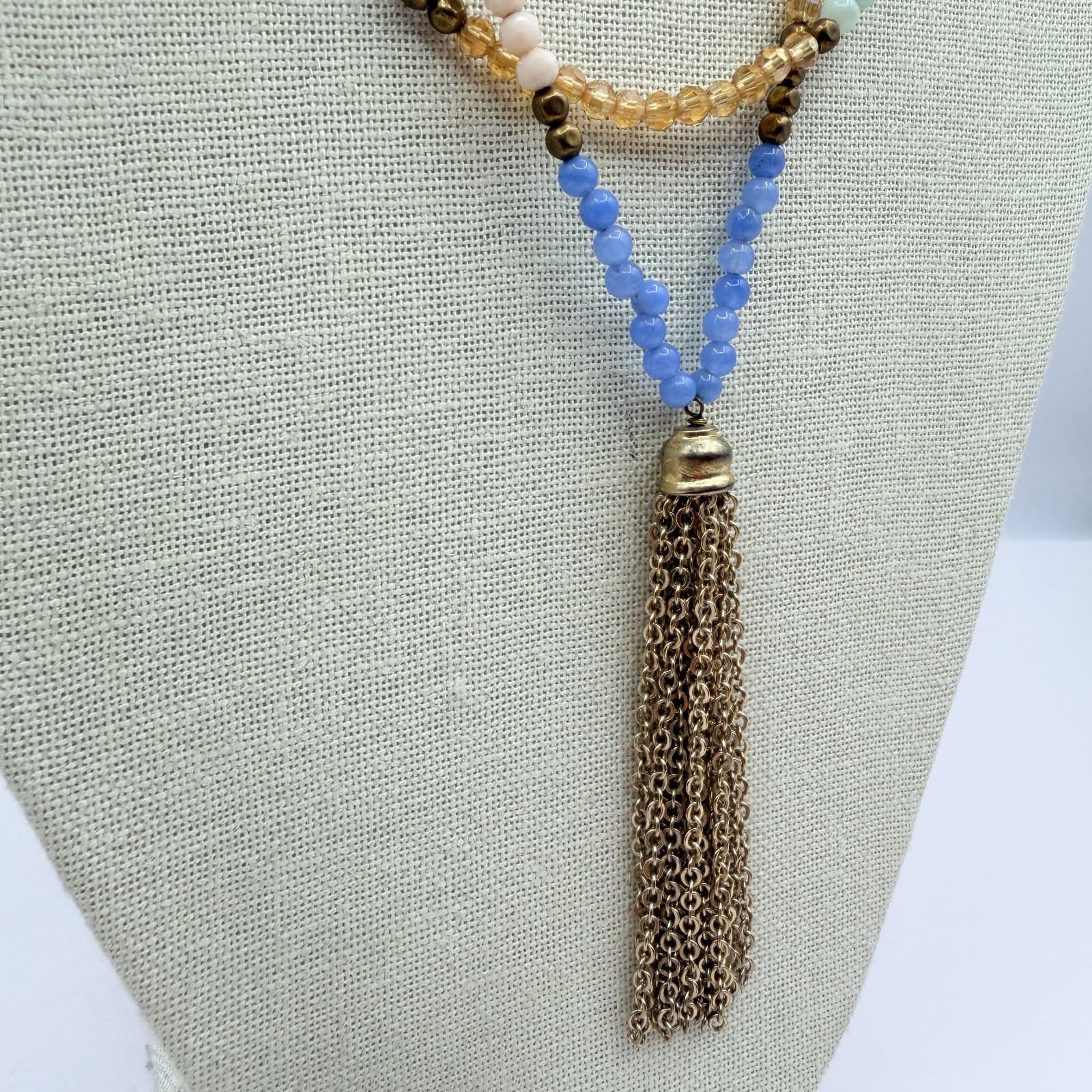Vintage Y2K Boho Multi Strand Pastel Beaded Tassel Necklace Brown Cord Jewelry - Thumbnail 5