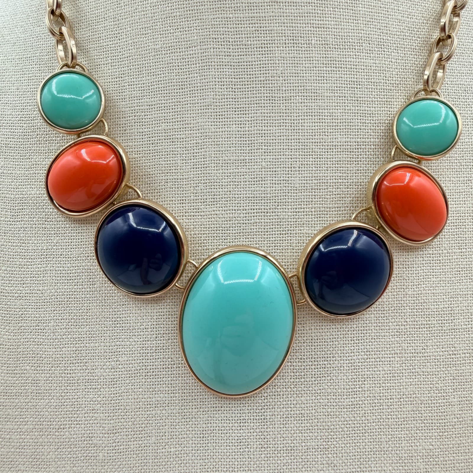 Vintage Y2K Gold Tone Statement Necklace Aqua Orange Navy Cabochons Jewelry - Thumbnail 11