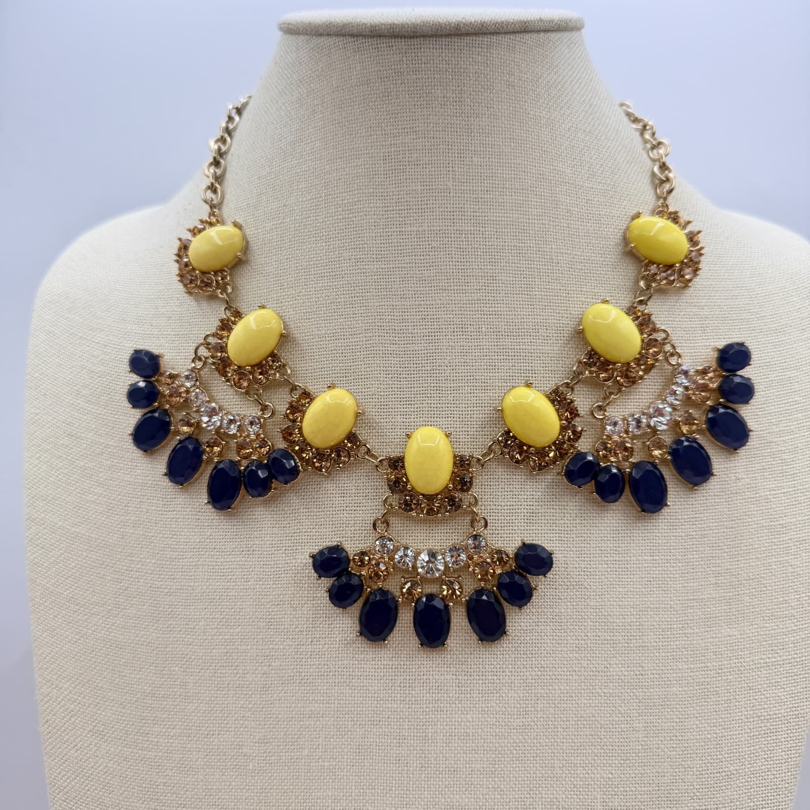 Vintage Y2K Gold Tone Statement Necklace Bold Yellow Navy Blue Cabochons Jewelry - Thumbnail 12