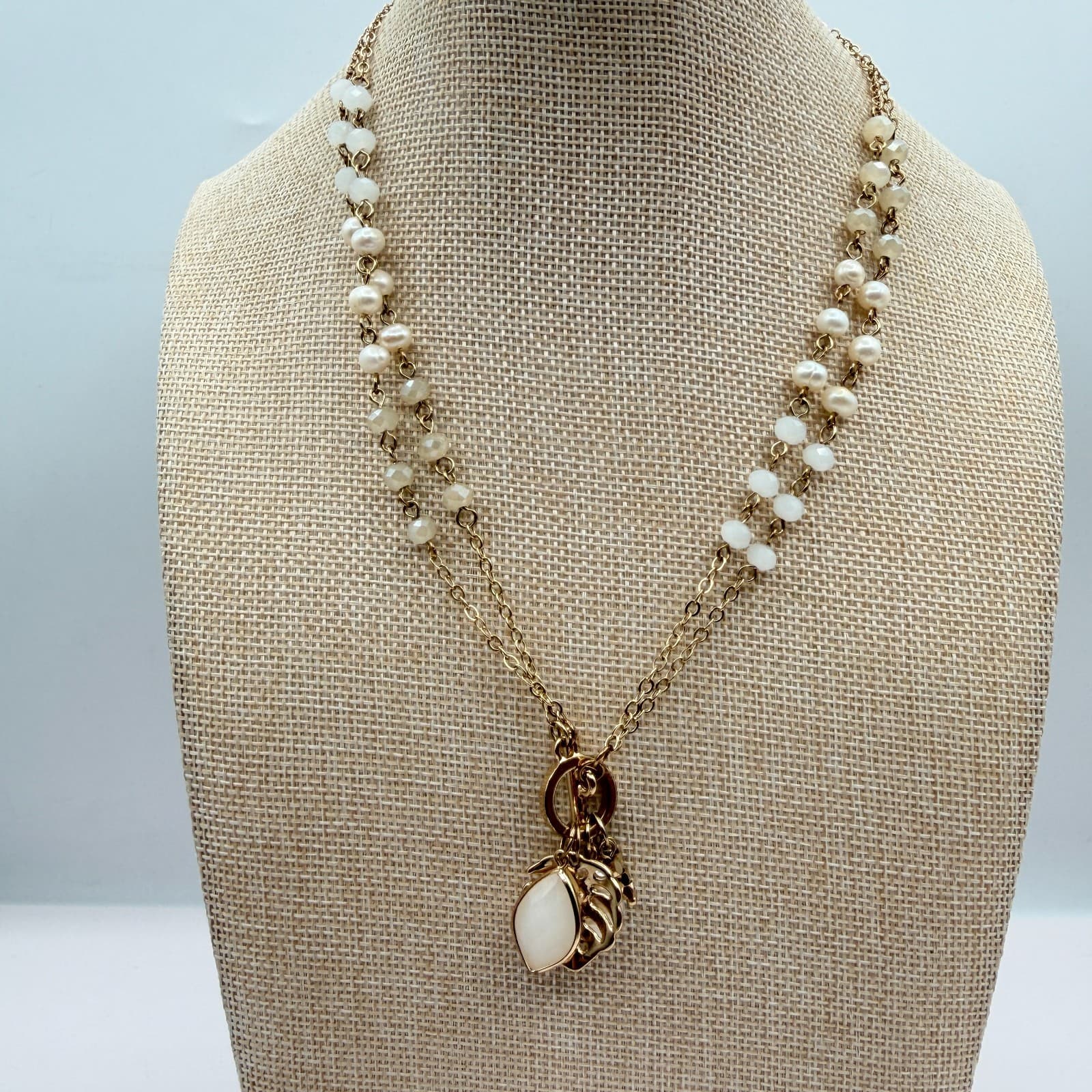 Vintage Y2K Gold Tone Double Chain Necklace Pearl Munster Leaf Stone Jewelry - Thumbnail 2