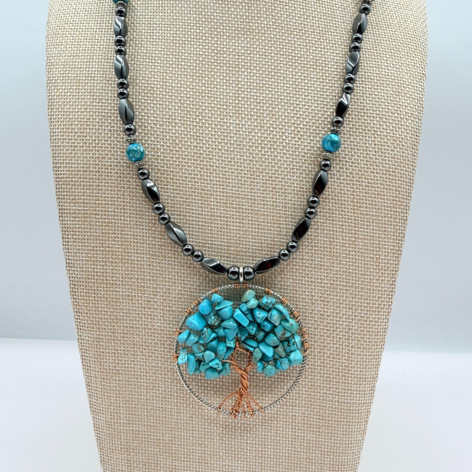 Vintage Y2K Tree of Life Wire Wrapped Turquoise Beaded Pendent Necklace Jewelry - Thumbnail 2
