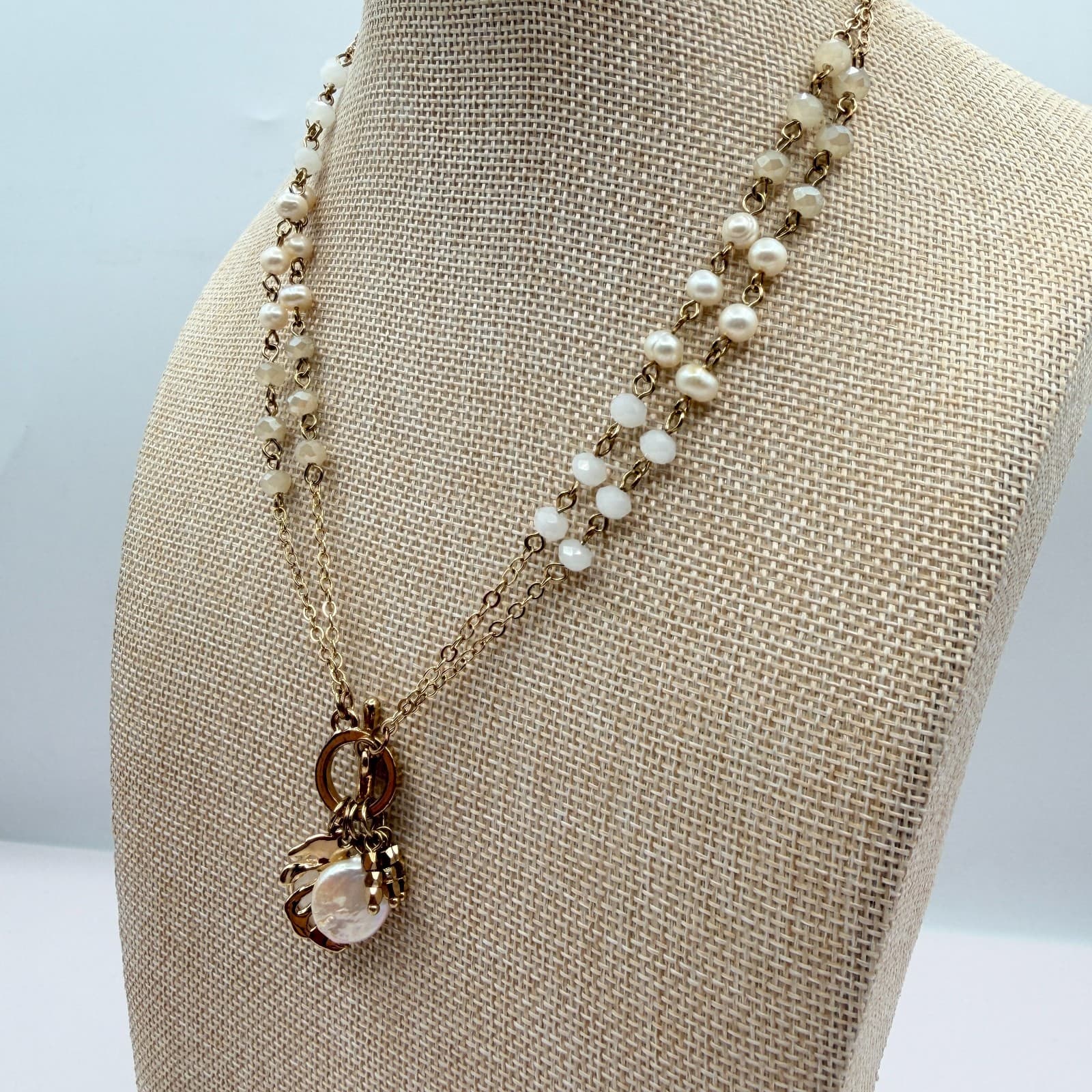 Vintage Y2K Gold Tone Double Chain Necklace Pearl Munster Leaf Stone Jewelry - Thumbnail 4