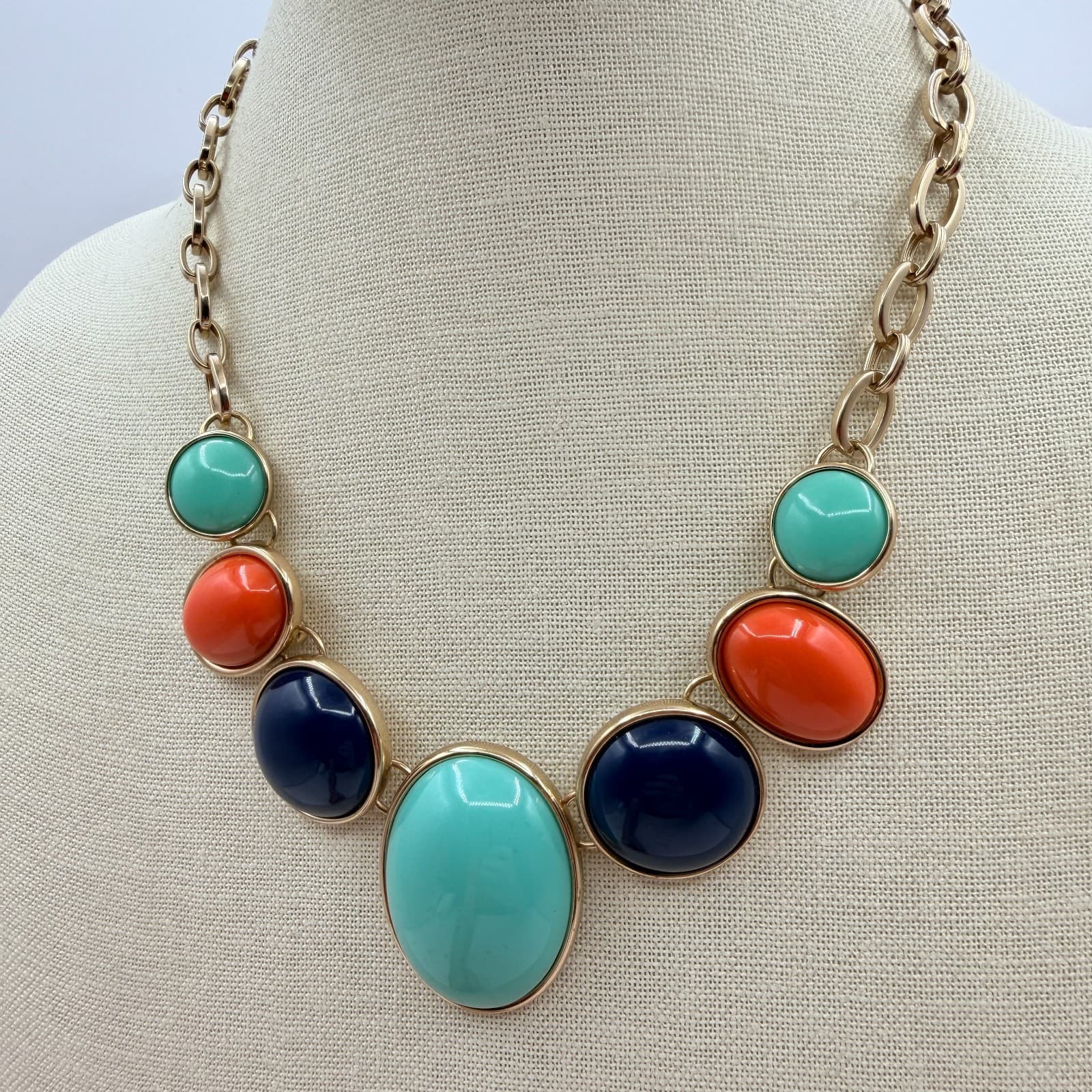 Vintage Y2K Gold Tone Statement Necklace Aqua Orange Navy Cabochons Jewelry - Thumbnail 6