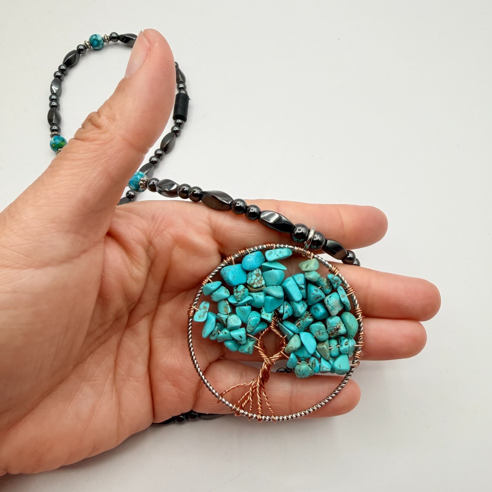 Vintage Y2K Tree of Life Wire Wrapped Turquoise Beaded Pendent Necklace Jewelry - Thumbnail 7