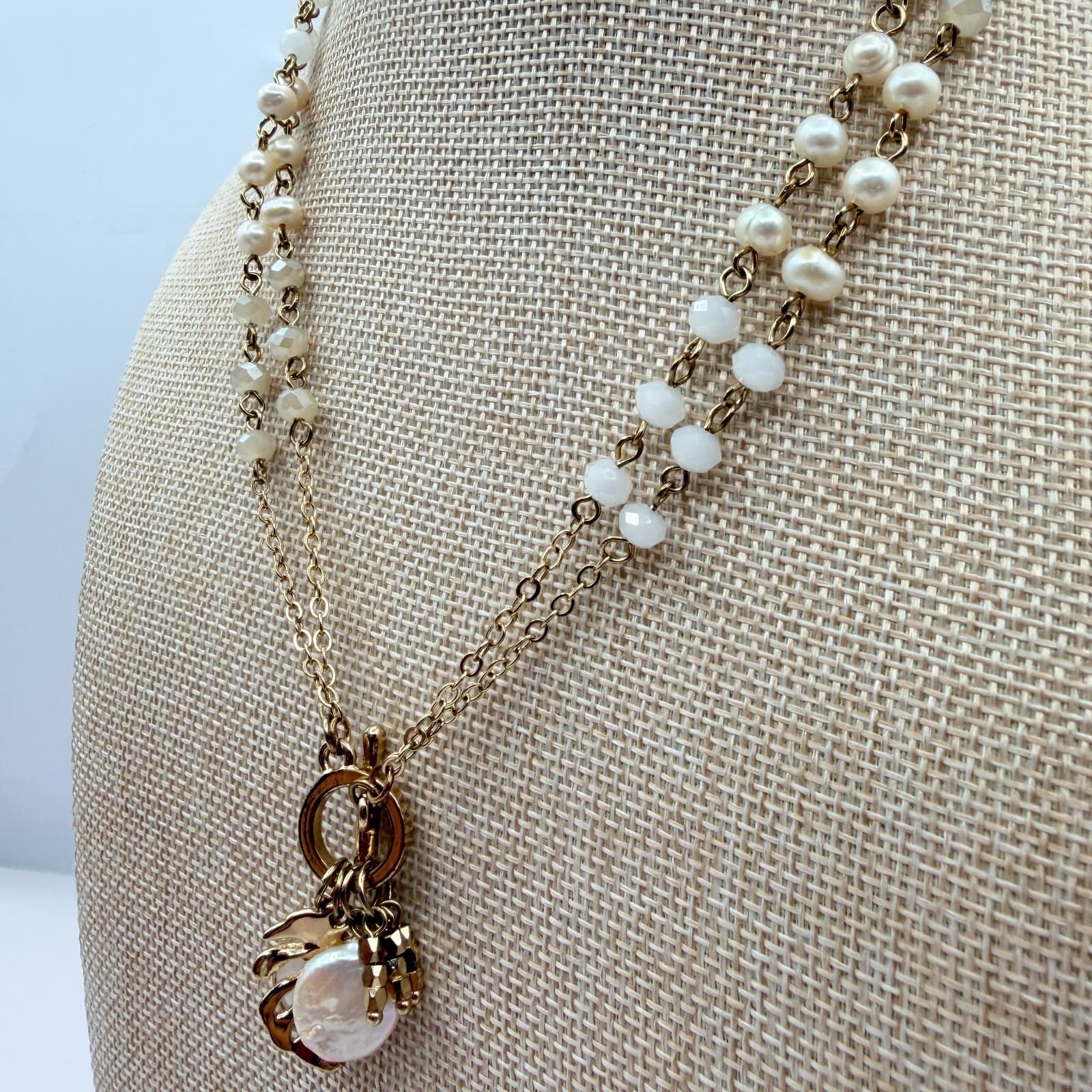 Vintage Y2K Gold Tone Double Chain Necklace Pearl Munster Leaf Stone Jewelry - Thumbnail 5