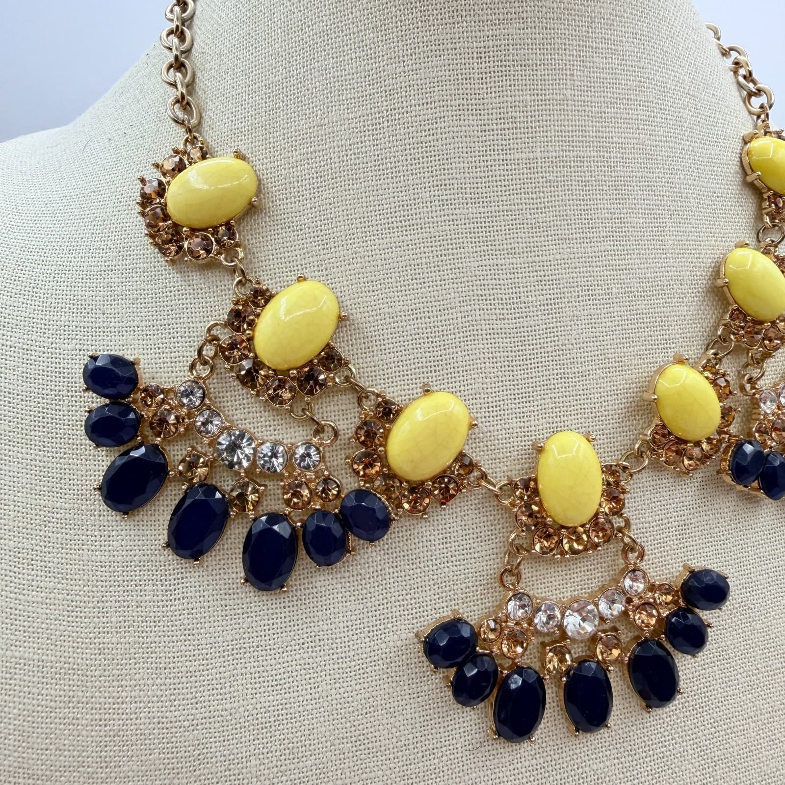 Vintage Y2K Gold Tone Statement Necklace Bold Yellow Navy Blue Cabochons Jewelry - Thumbnail 11