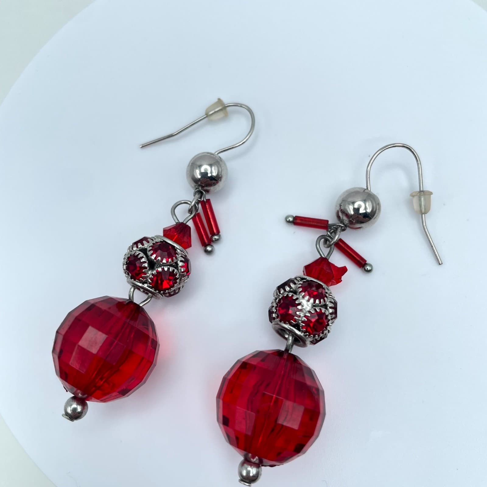 Handcrafted Silver-Tone Red Faceted Crystal Beads Dangle French Hook Earrings - Image 1