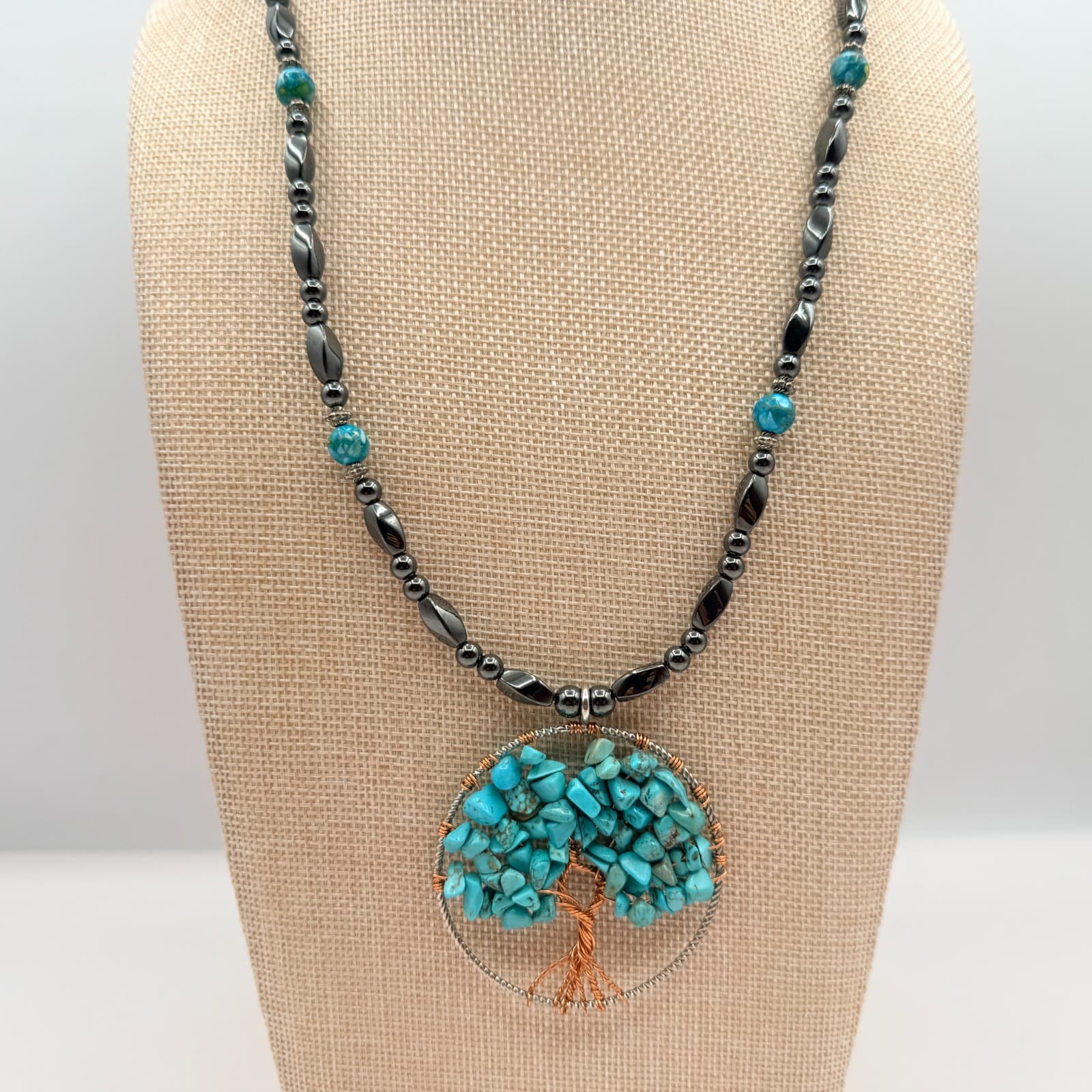 Vintage Y2K Tree of Life Wire Wrapped Turquoise Beaded Pendent Necklace Jewelry - Thumbnail 4