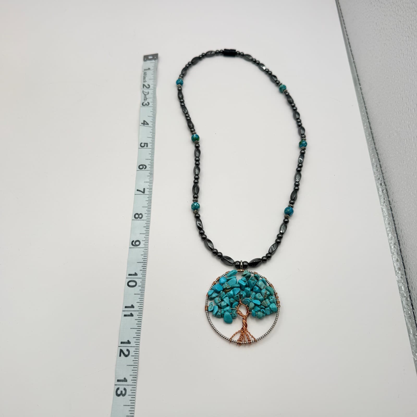 Vintage Y2K Tree of Life Wire Wrapped Turquoise Beaded Pendent Necklace Jewelry - Thumbnail 8
