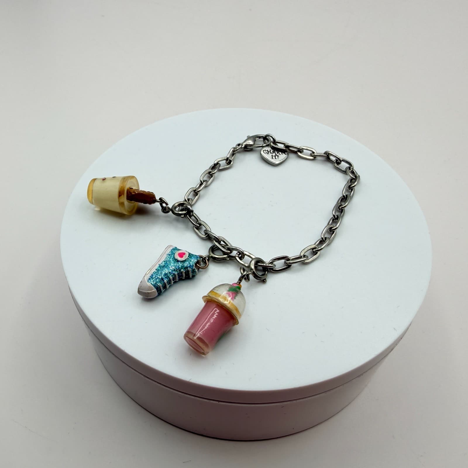 Vintage Y2K Silver Tone Charm It Link Bracelet Food Sneaker Shoe Charms Jewelry - Thumbnail 2