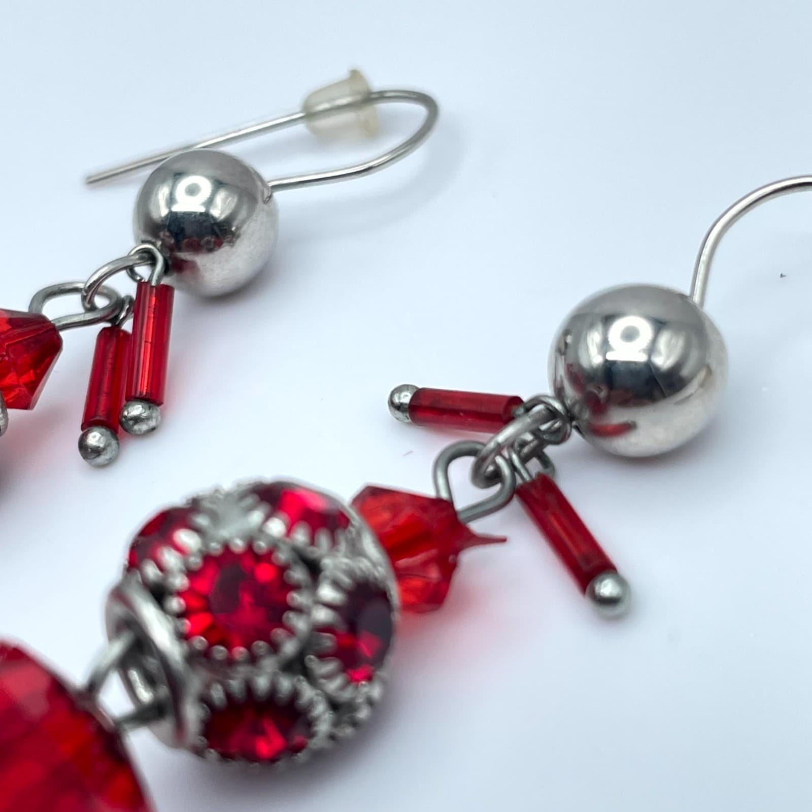 Handcrafted Silver-Tone Red Faceted Crystal Beads Dangle French Hook Earrings - Thumbnail 5