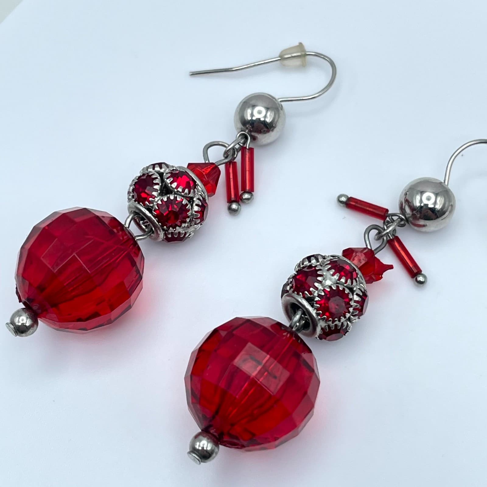 Handcrafted Silver-Tone Red Faceted Crystal Beads Dangle French Hook Earrings - Thumbnail 6