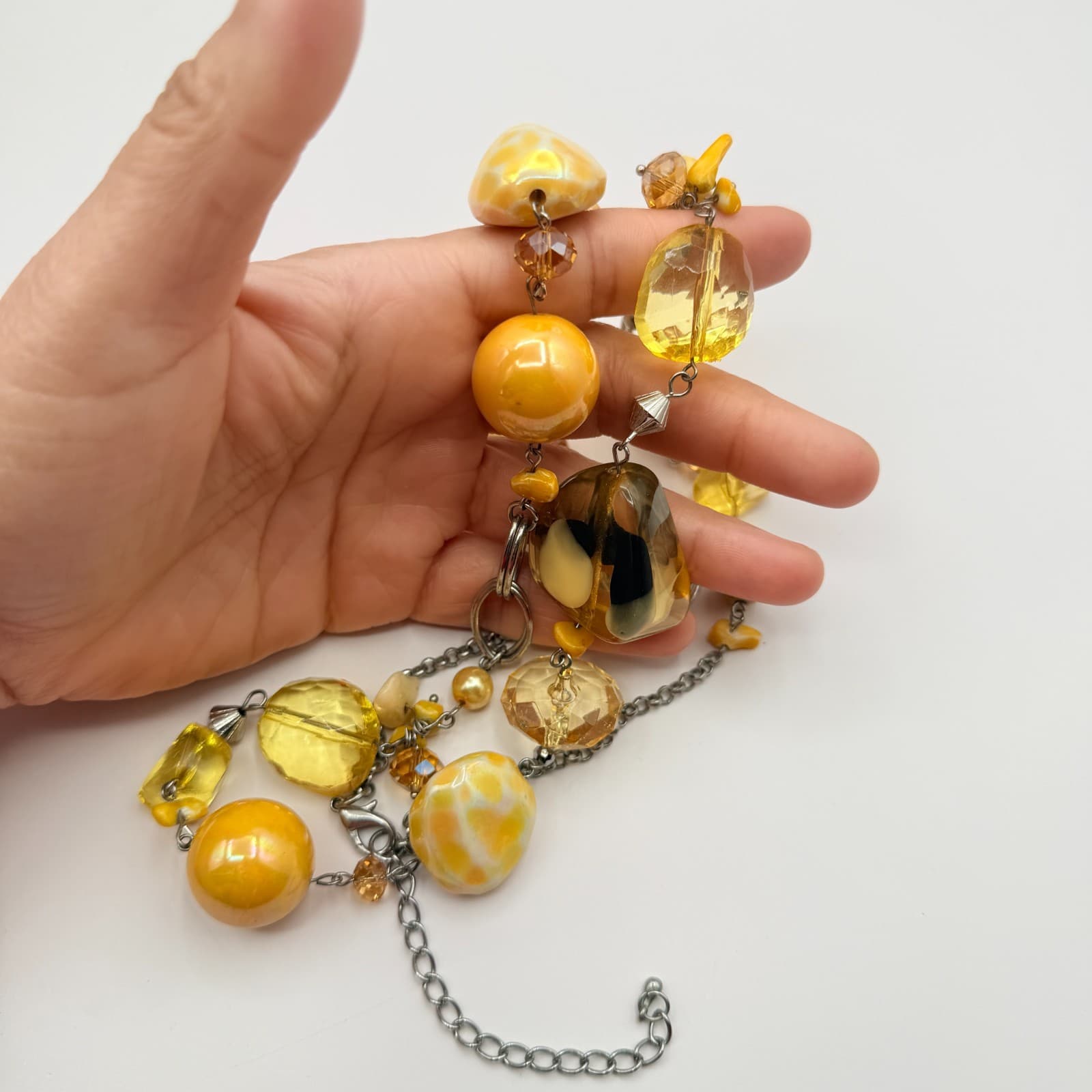 Vintage Y2K Chunky Amber Yellow Faux Resin Beaded Statement Necklace Jewelry - Thumbnail 5