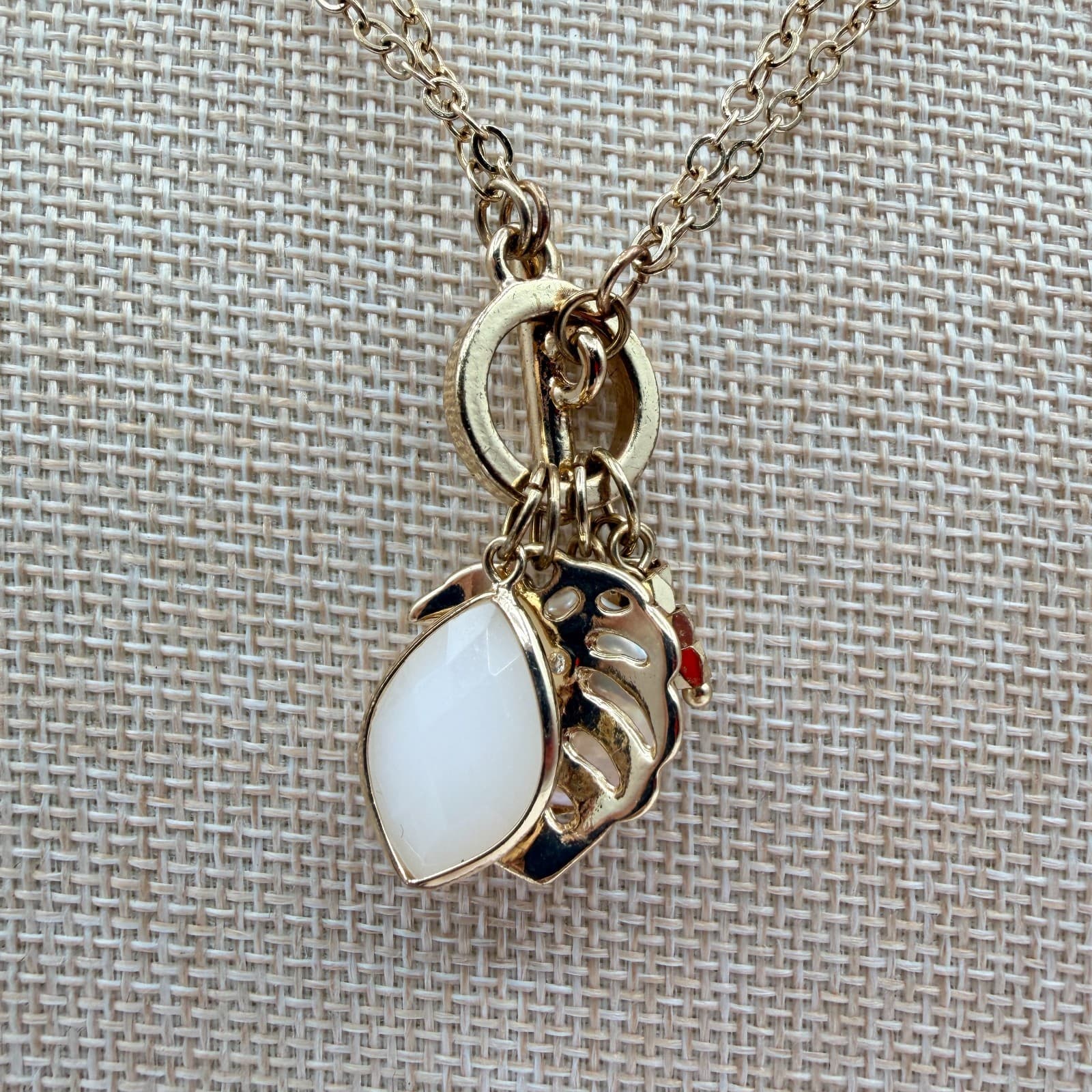 Vintage Y2K Gold Tone Double Chain Necklace Pearl Munster Leaf Stone Jewelry - Thumbnail 9