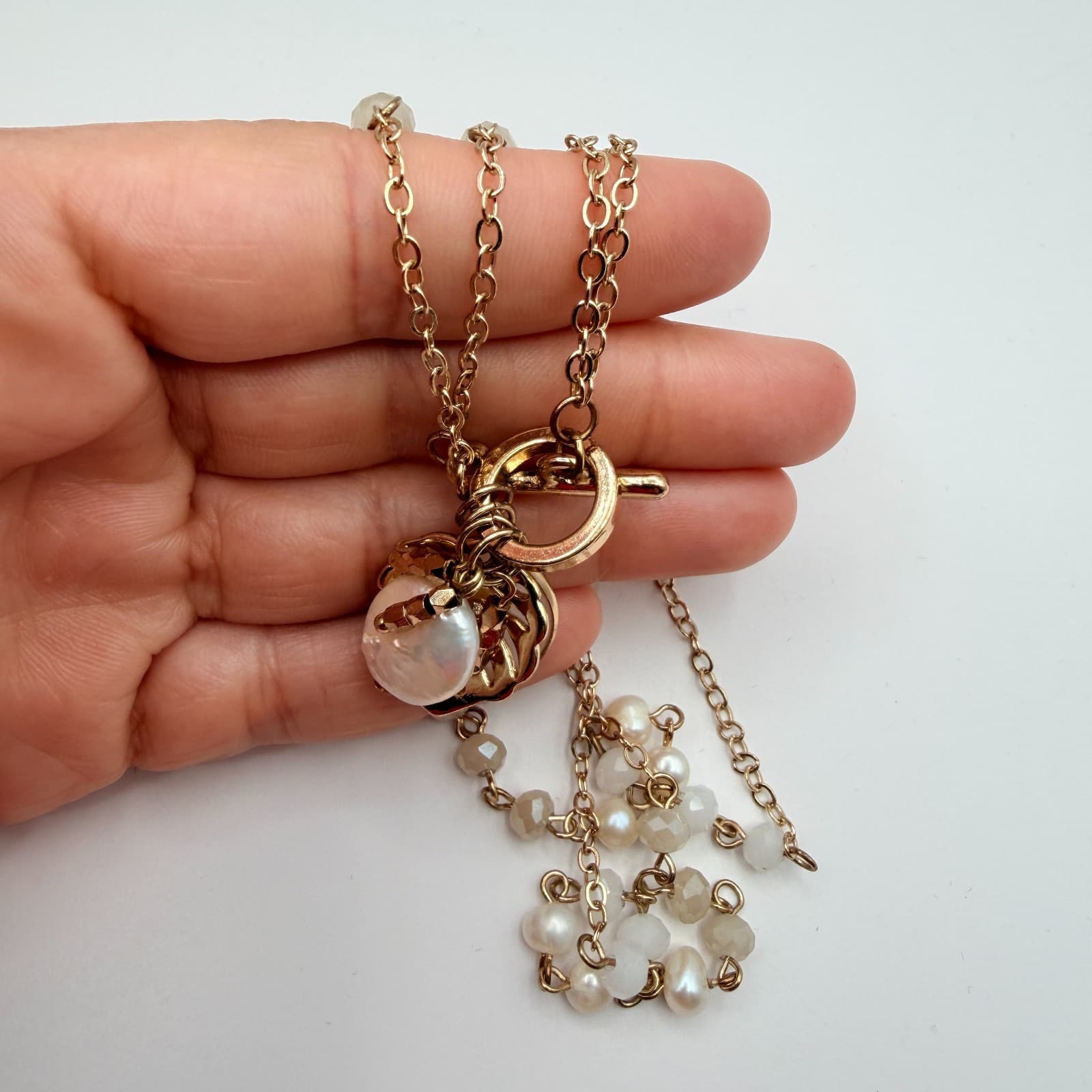 Vintage Y2K Gold Tone Double Chain Necklace Pearl Munster Leaf Stone Jewelry - Thumbnail 3