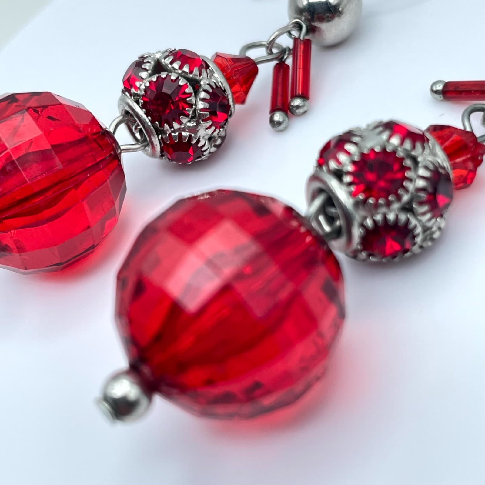 Handcrafted Silver-Tone Red Faceted Crystal Beads Dangle French Hook Earrings - Thumbnail 4