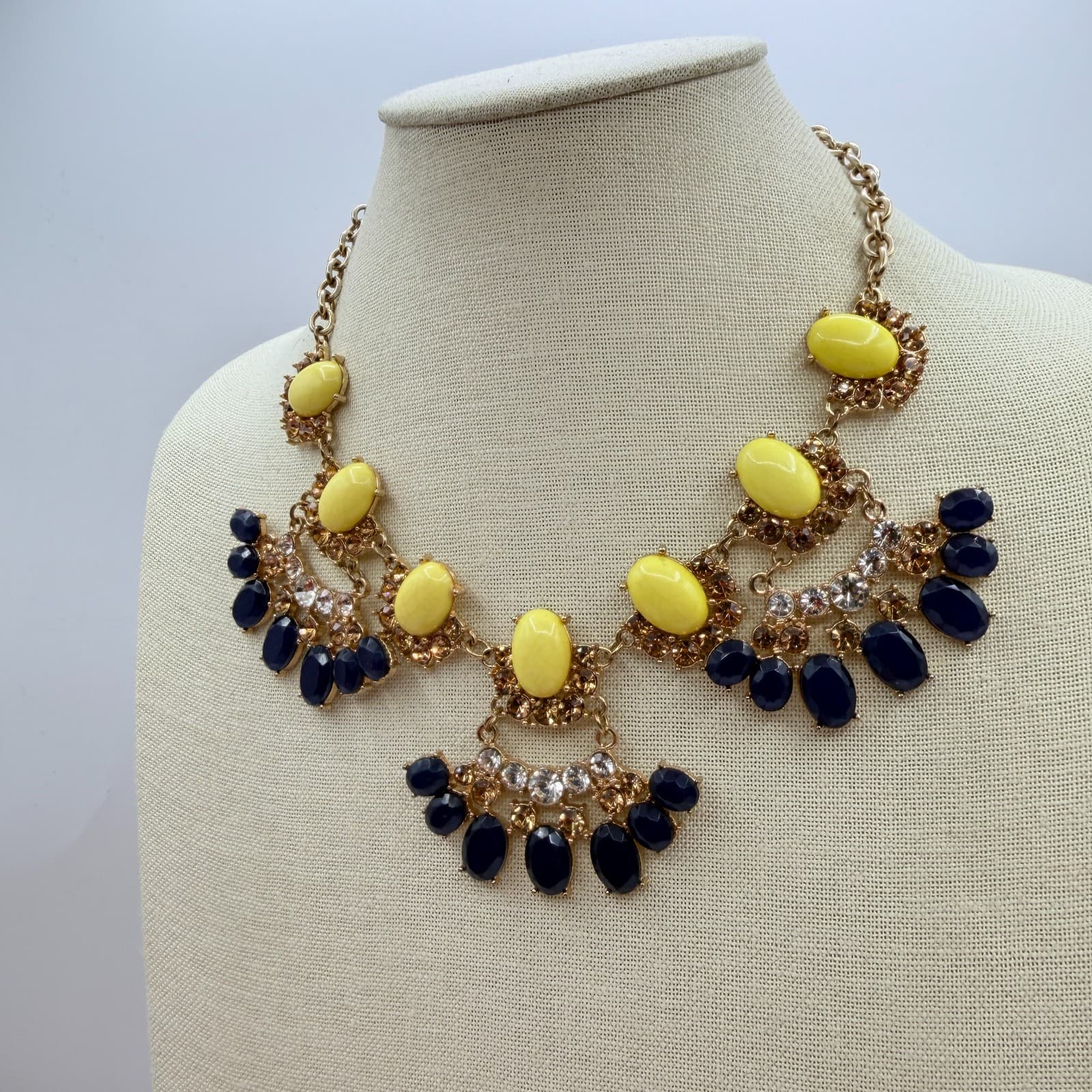 Vintage Y2K Gold Tone Statement Necklace Bold Yellow Navy Blue Cabochons Jewelry - Thumbnail 8