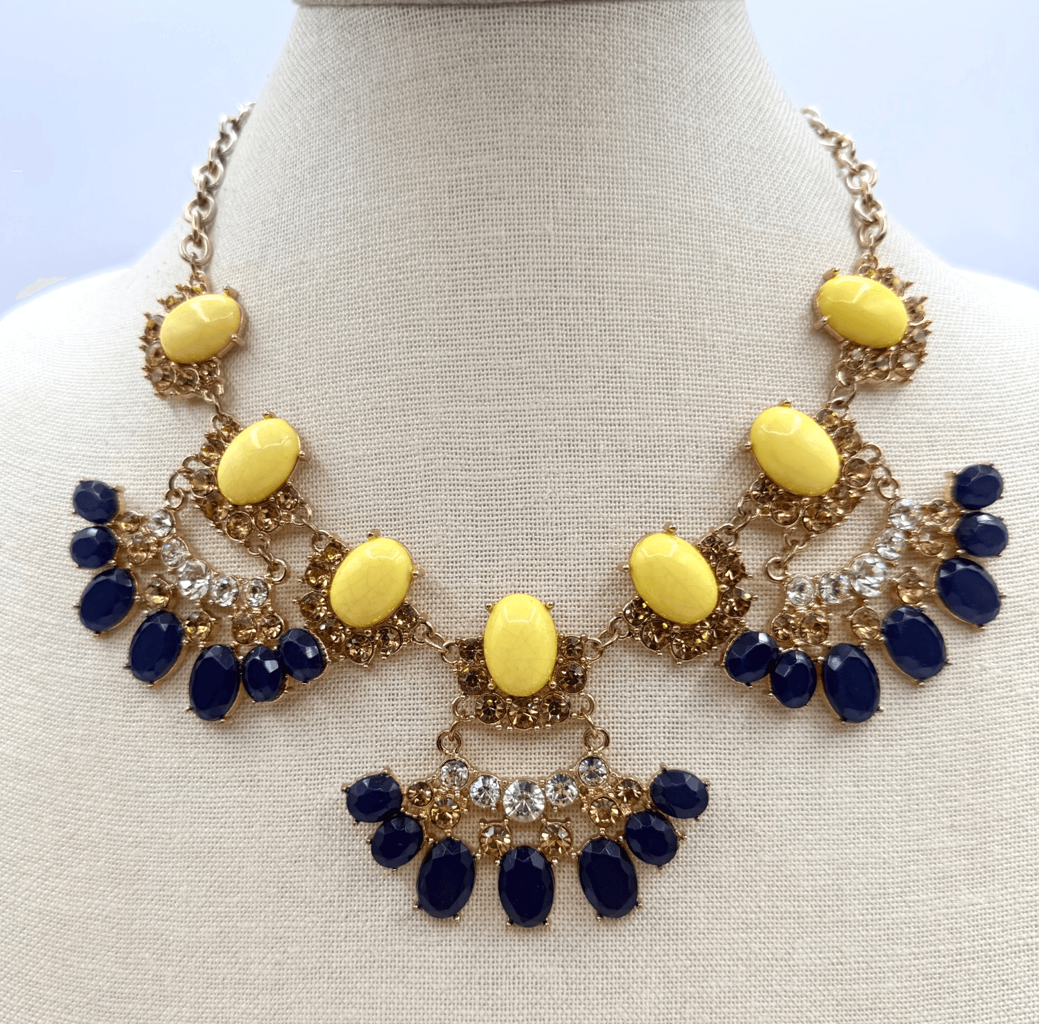 Vintage Y2K Gold Tone Statement Necklace Bold Yellow Navy Blue Cabochons Jewelry - Image 1