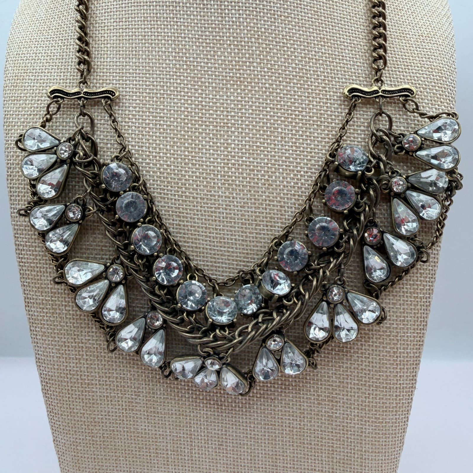 Vintage Y2K Brass Tone Multi Strand Rhinestone Teardrop Bib Necklace Jewelry - Thumbnail 4