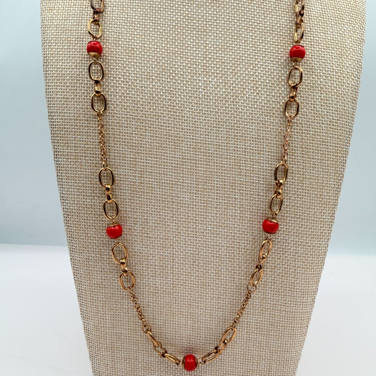 Vintage 90s Gold Tone Link Chain Red Beaded Necklace Women's Classic Jewelry - Thumbnail 2