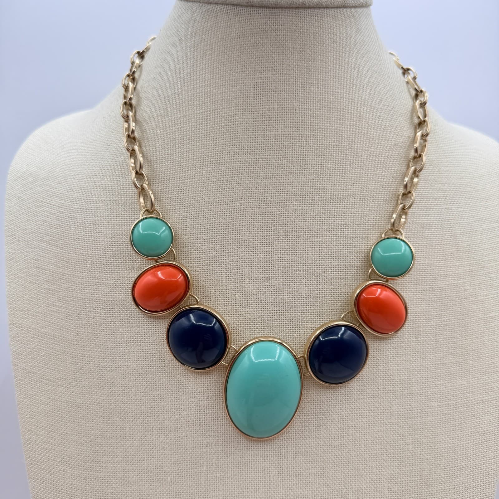 Vintage Y2K Gold Tone Statement Necklace Aqua Orange Navy Cabochons Jewelry - Thumbnail 2