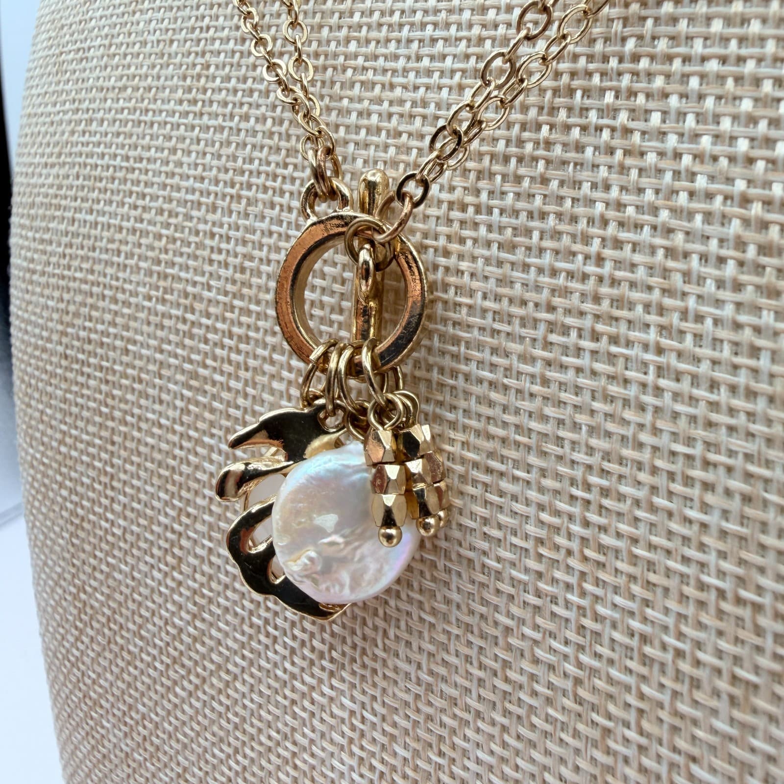 Vintage Y2K Gold Tone Double Chain Necklace Pearl Munster Leaf Stone Jewelry - Thumbnail 6