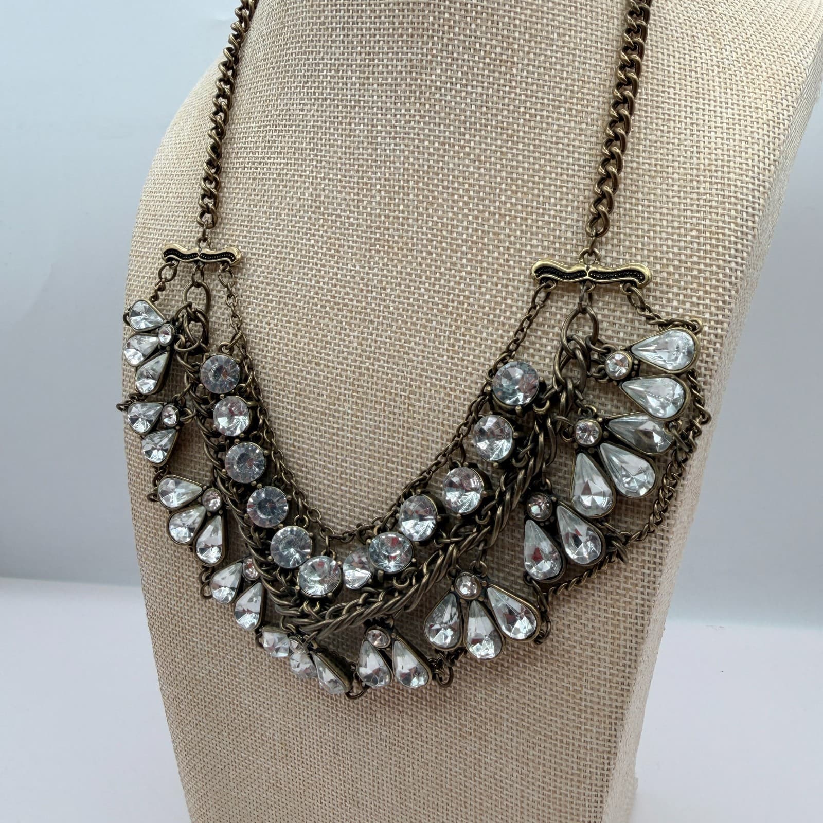 Vintage Y2K Brass Tone Multi Strand Rhinestone Teardrop Bib Necklace Jewelry - Thumbnail 8